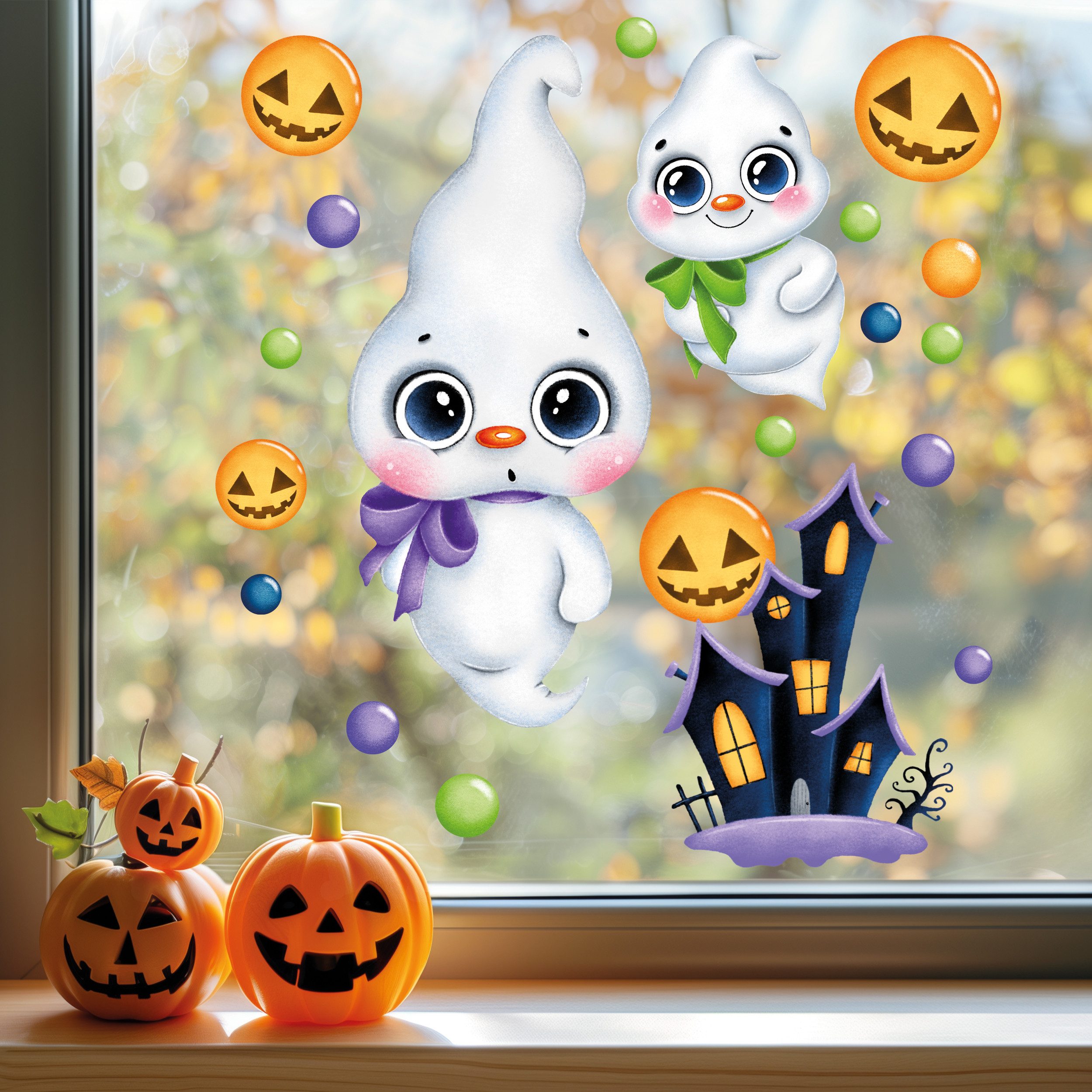 Sunnywall Fensterbild Fensterbild wiederverwendbare Fensterbilder Halloween Gespenster, wiederverwendbar, statisch haftend, beidseitiger Druck, nachhaltig