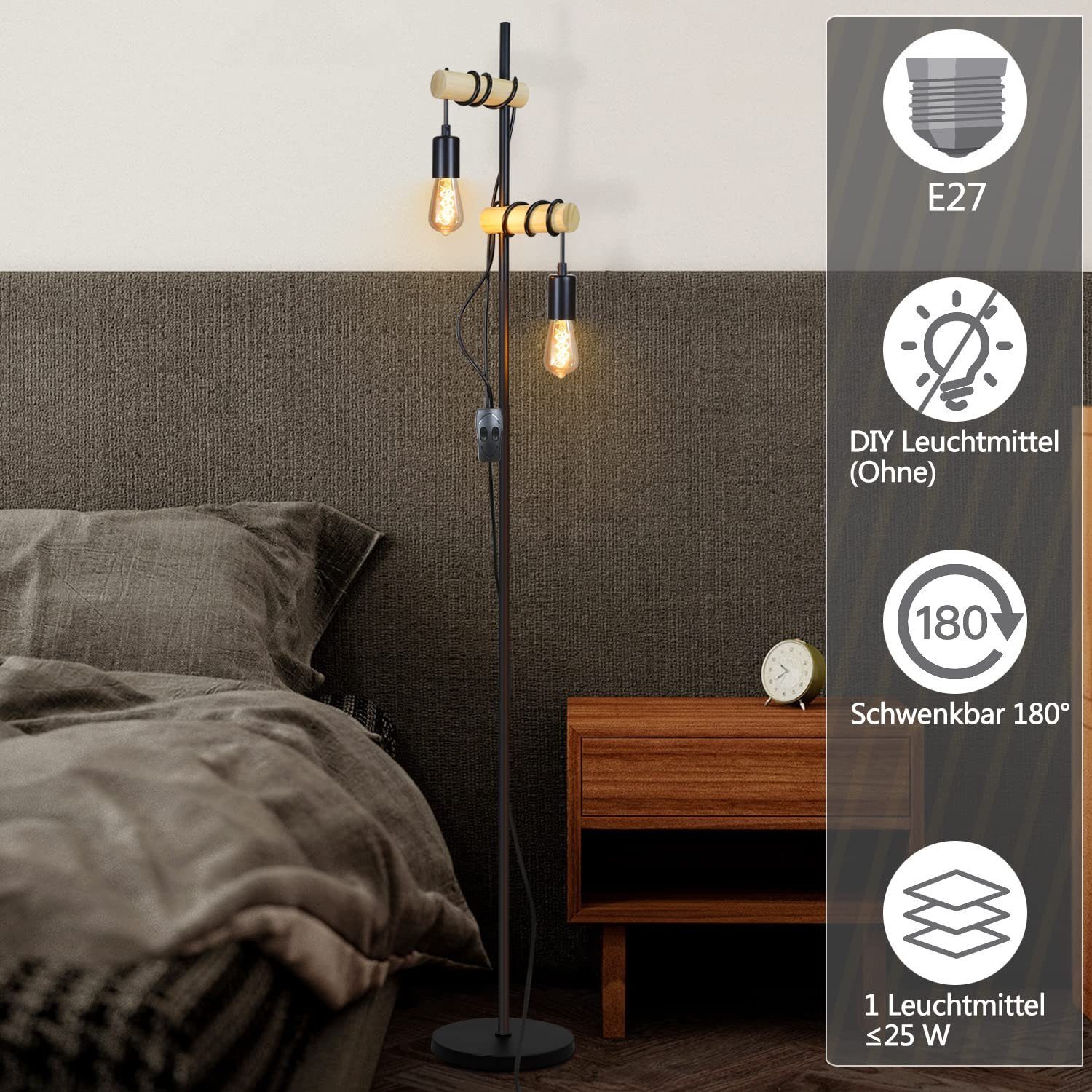 Leuchtmittel ohne Schwarz Industrial Retro E27 Stehlampe 2 ZMH 180°, Wohnzimmer Flammig