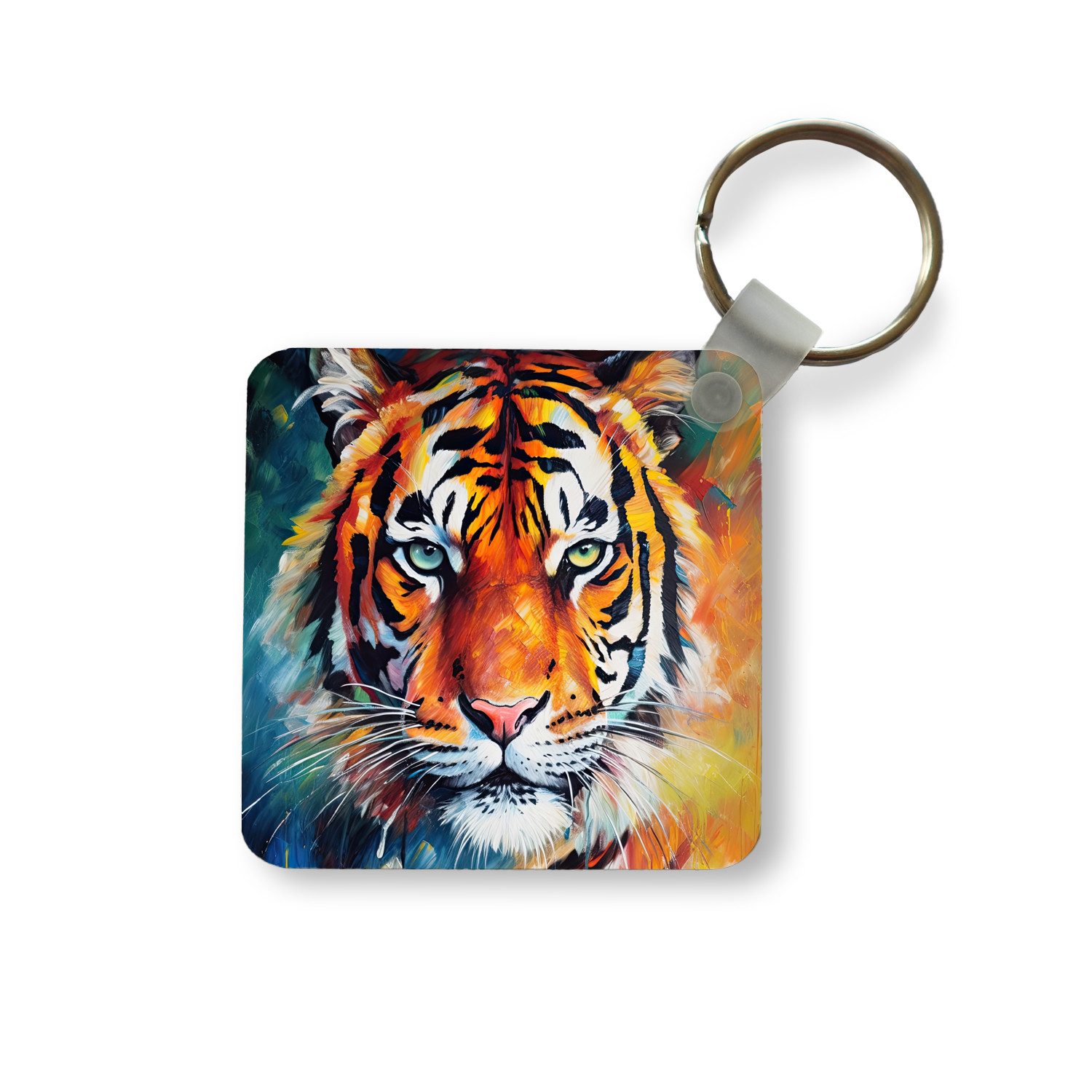 MuchoWow Schlüsselanhänger Tiger - Tiere - Ölgemälde - Kunst, Quadratisch, Accessoire Auto / Haus / Rucksack / Handtasche, 5x5 cm