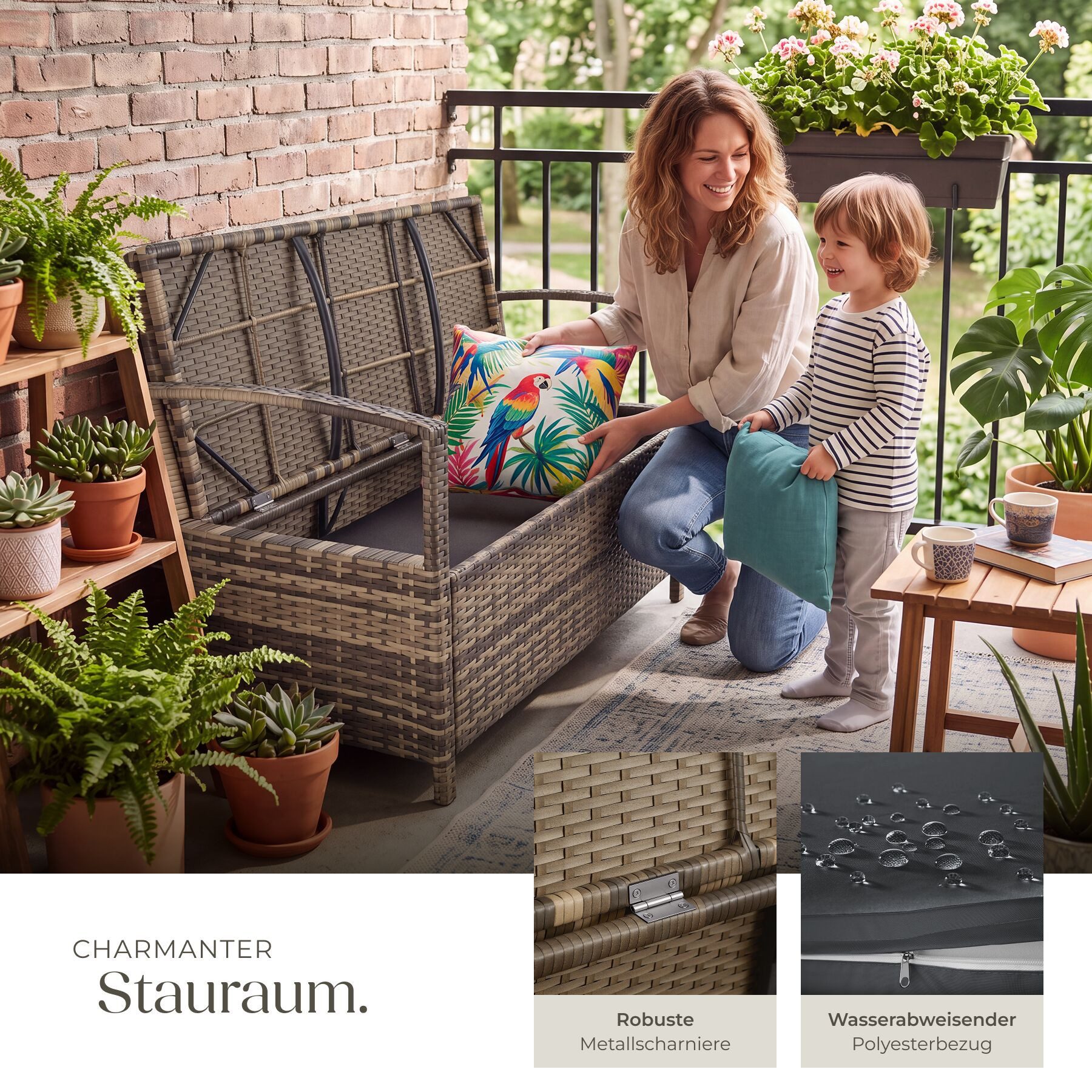 tectake Gartenbank Polyrattanbank wetterfest 2-Sitzer mit Stauraum und Schutzhülle (Gartenlounge Bank Vecchia, in Natur), Belastbarkeit 250 kg, Inkl. Sitzpolste – Bild 4 von 5