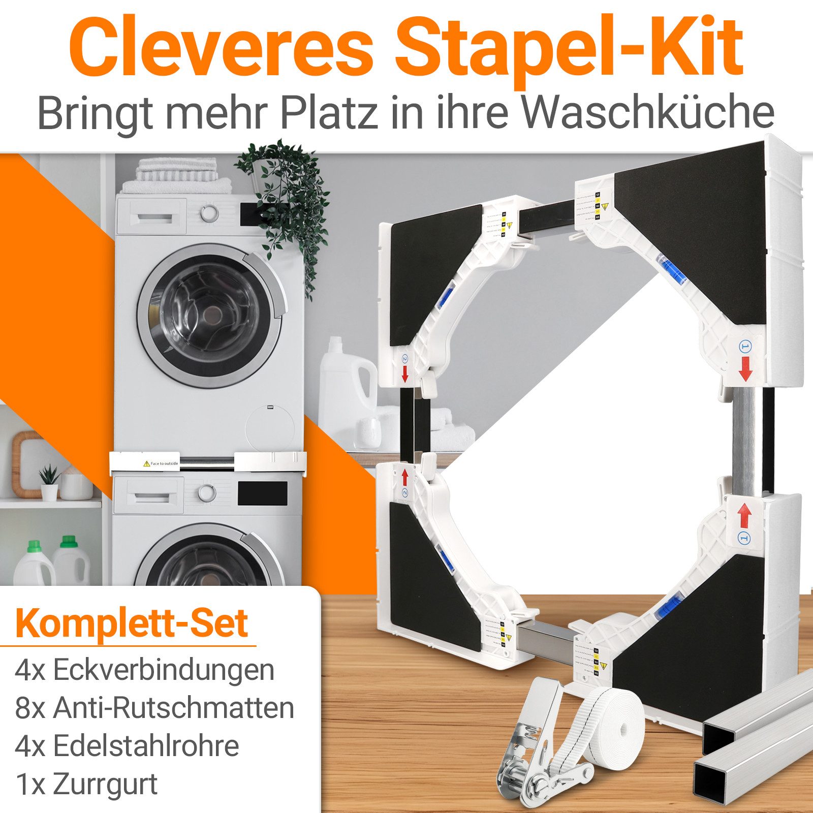 HEIMWERT Waschmaschinenuntergestell Zwischenbaurahmen für Waschmaschine Trockner, STABIL FIXIERT – RUHIG, SICHER & OHNE KLAPPERN - bis 500 kg Tragkraft