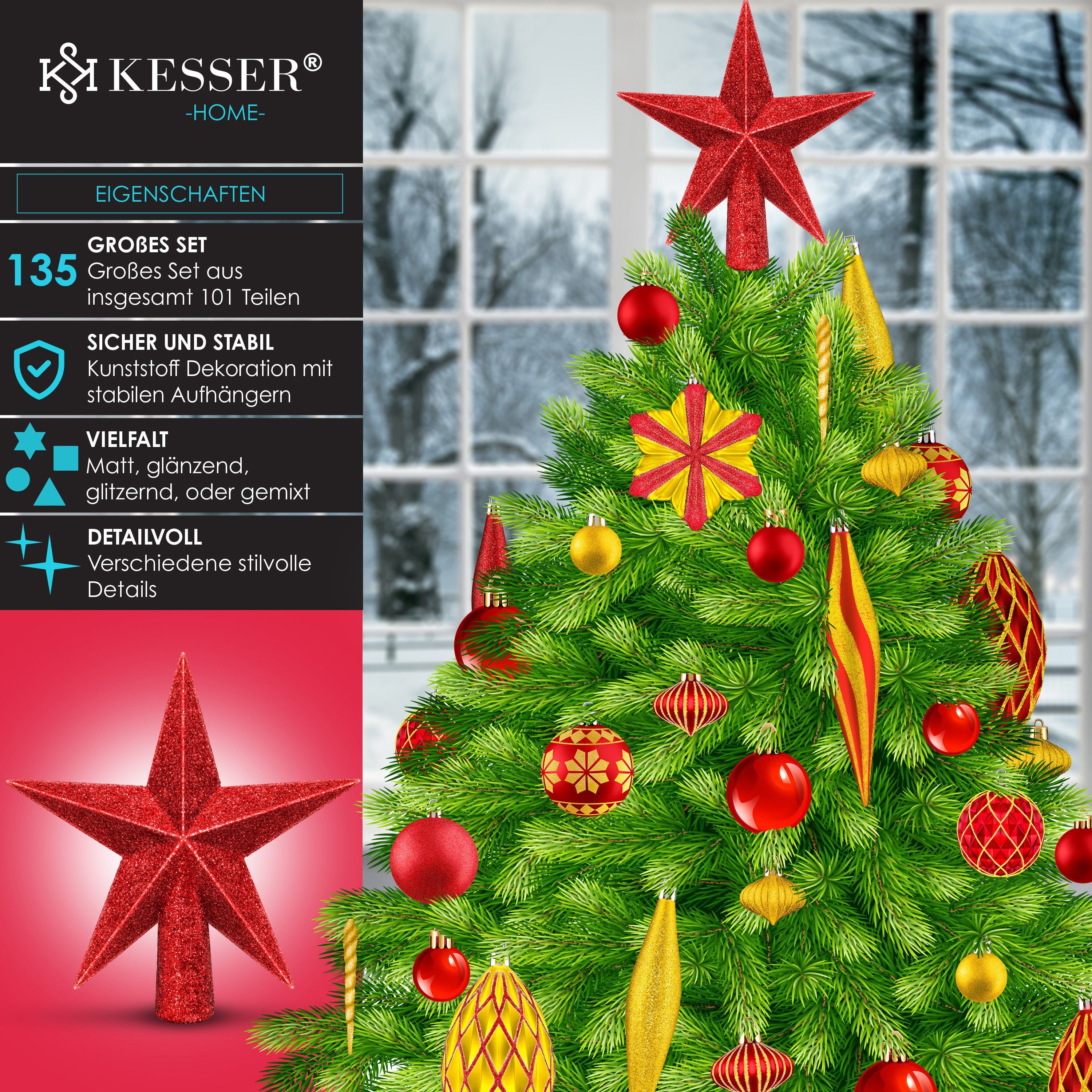 KESSER Christbaumschmuck (135-tlg), Weihnachtskugeln Set Christbaumkugeln gold rot Baumspitze / 105-teiliges