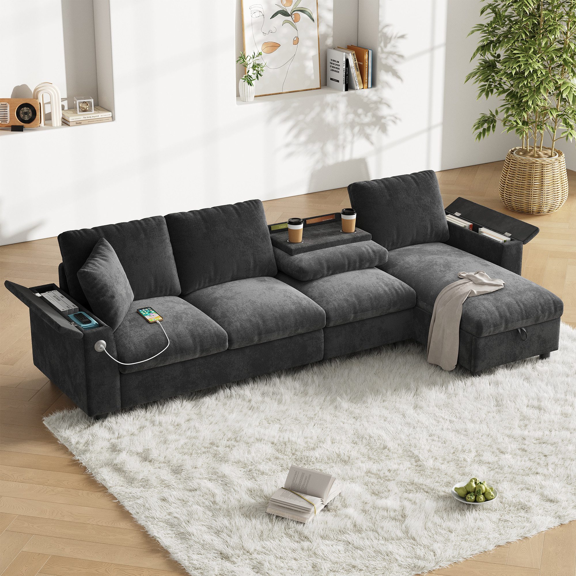 Flieks Ecksofa mit 1 USB und 1 Typ-C, Links und rechts austauschbar, 4-Sitzer, L-förmig Chenille-Stoffsofa mit Bettkasten & 2 Zierkissen grau