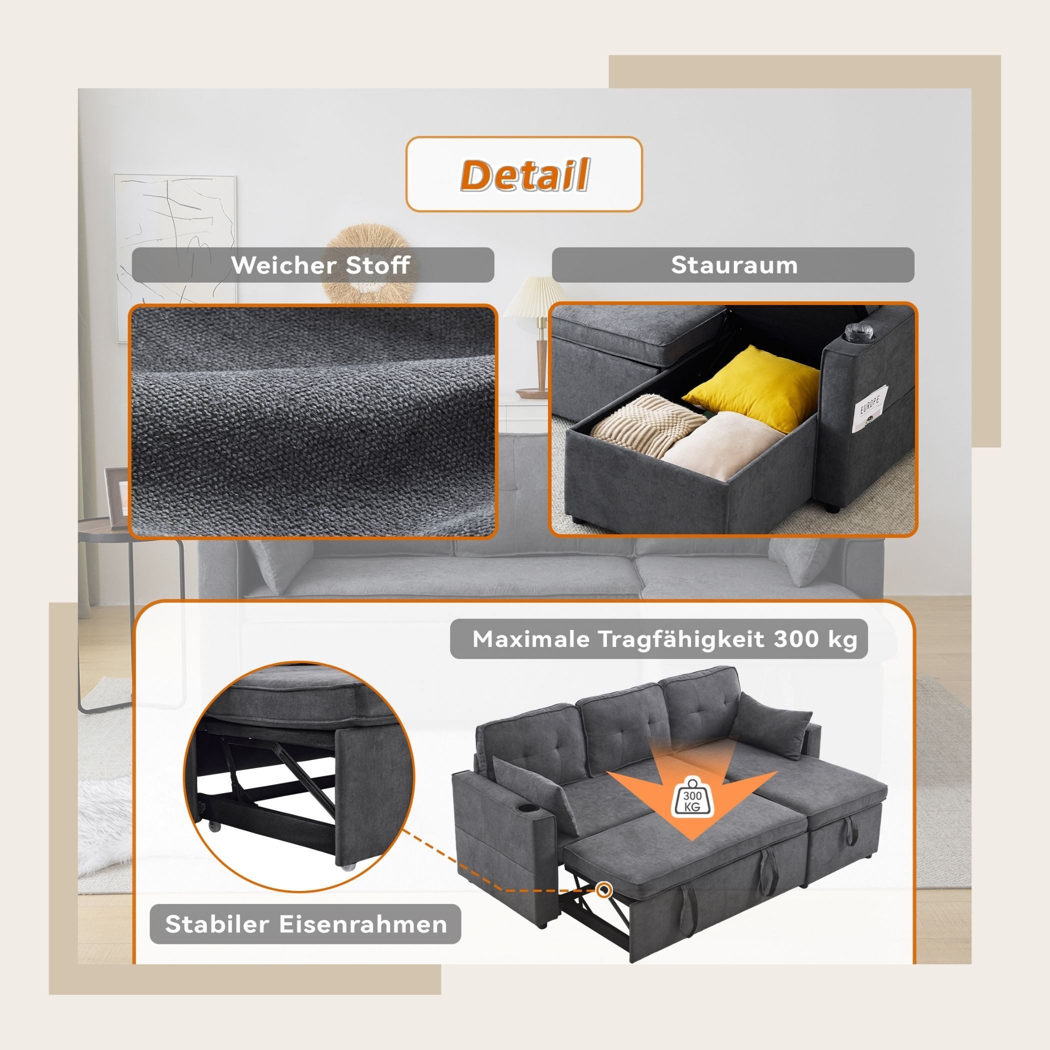 SeedWave Schlafsofa Ecksofa-Bett mit Wendbarer Ottomane, Inklusive Stauraum, Leinenstoff, Integrierter Becherhalter, Stilvolles 3-Sitzer