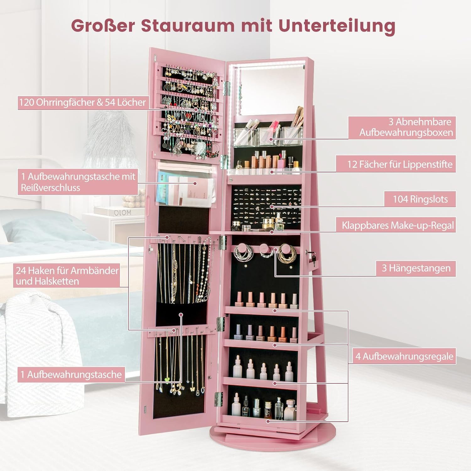 COSTWAY Schmuckschrank mit Ganzkörperspiegel & LED stehend, drehbar, abschließbar – Bild 5 von 5