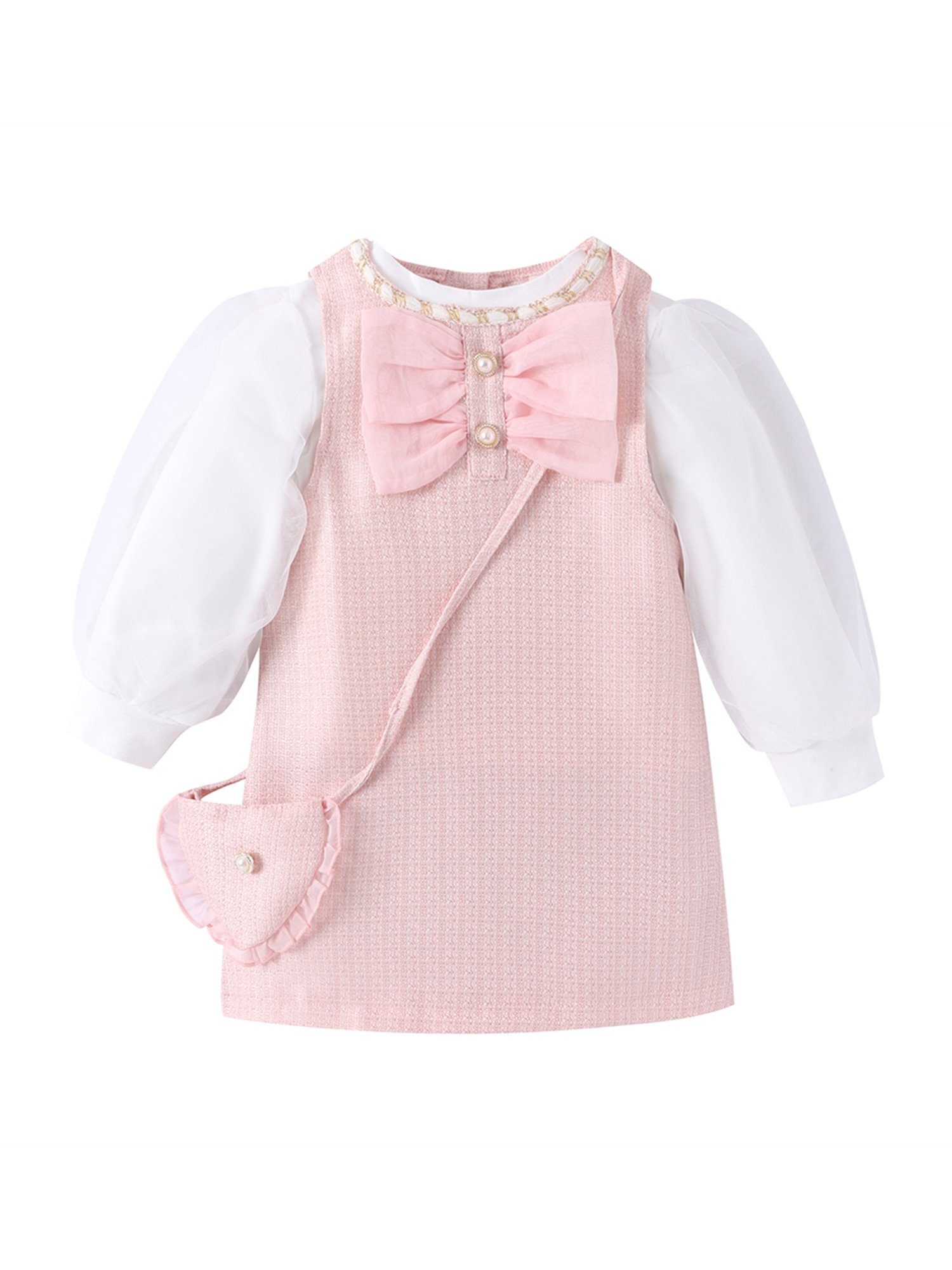 LAPA T-Shirt & Kleid Eleganter Partyanzug für Mädchen, Langarm-Top & Kleid, Umhängetasche (Set, 3-tlg) Mesh-Puffärmel, süßes rosa Kleid, dreiteiliger geteilter Anzug