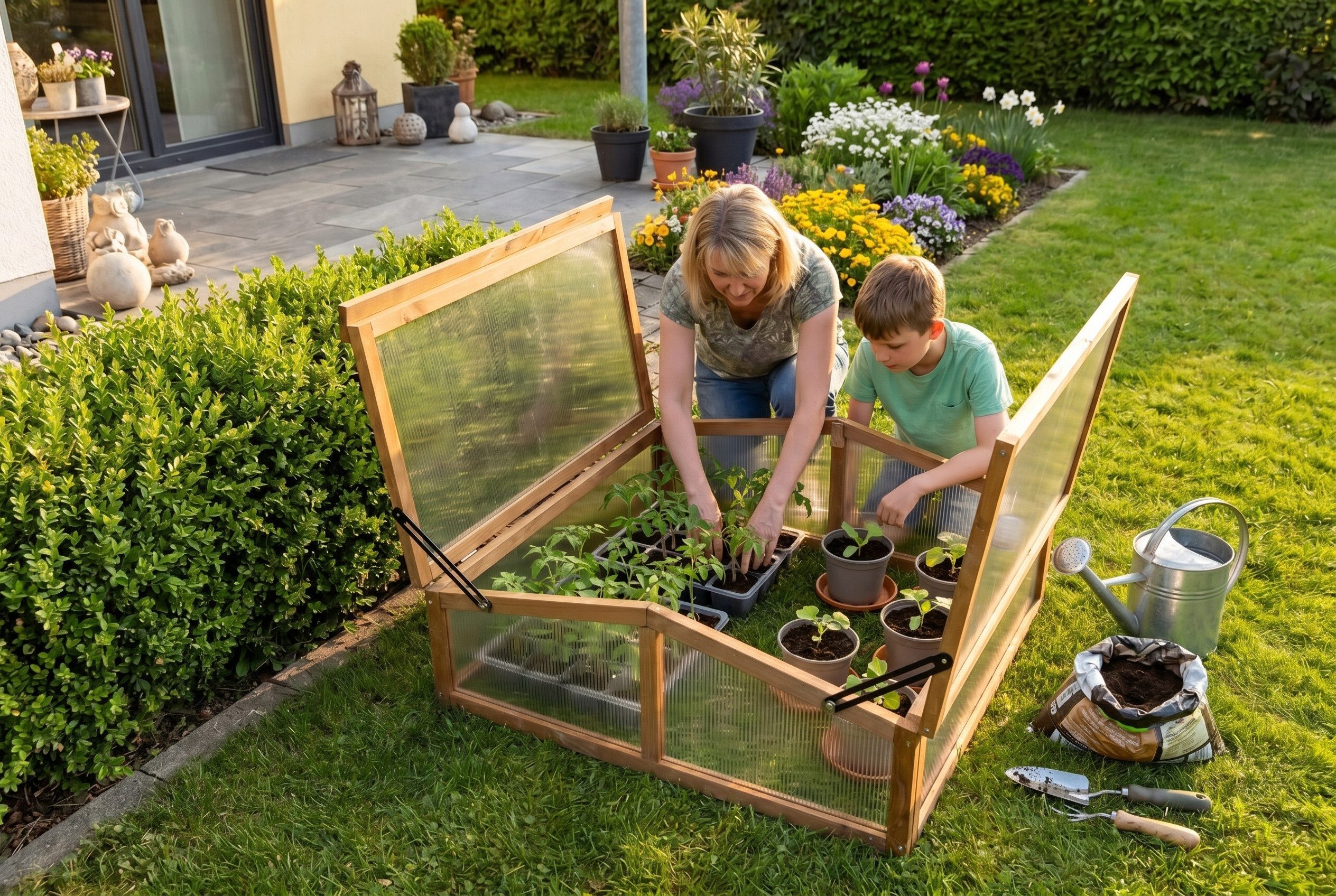 needs&wants® Frühbeet Aufsatz Holz Abdeckung Frühbeetkasten Gewächshaus mit Deckel Hochbeet, Bausatz klein wetterfest für Garten Outdoor Polycarbonat Acryl niedrig