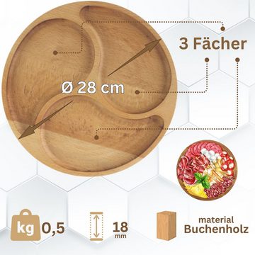 BRIZOLL Kochbesteck-Set Ø28cm Servierplatte aus natürlichem Holz (mit 3 geteilten Fächern), Board