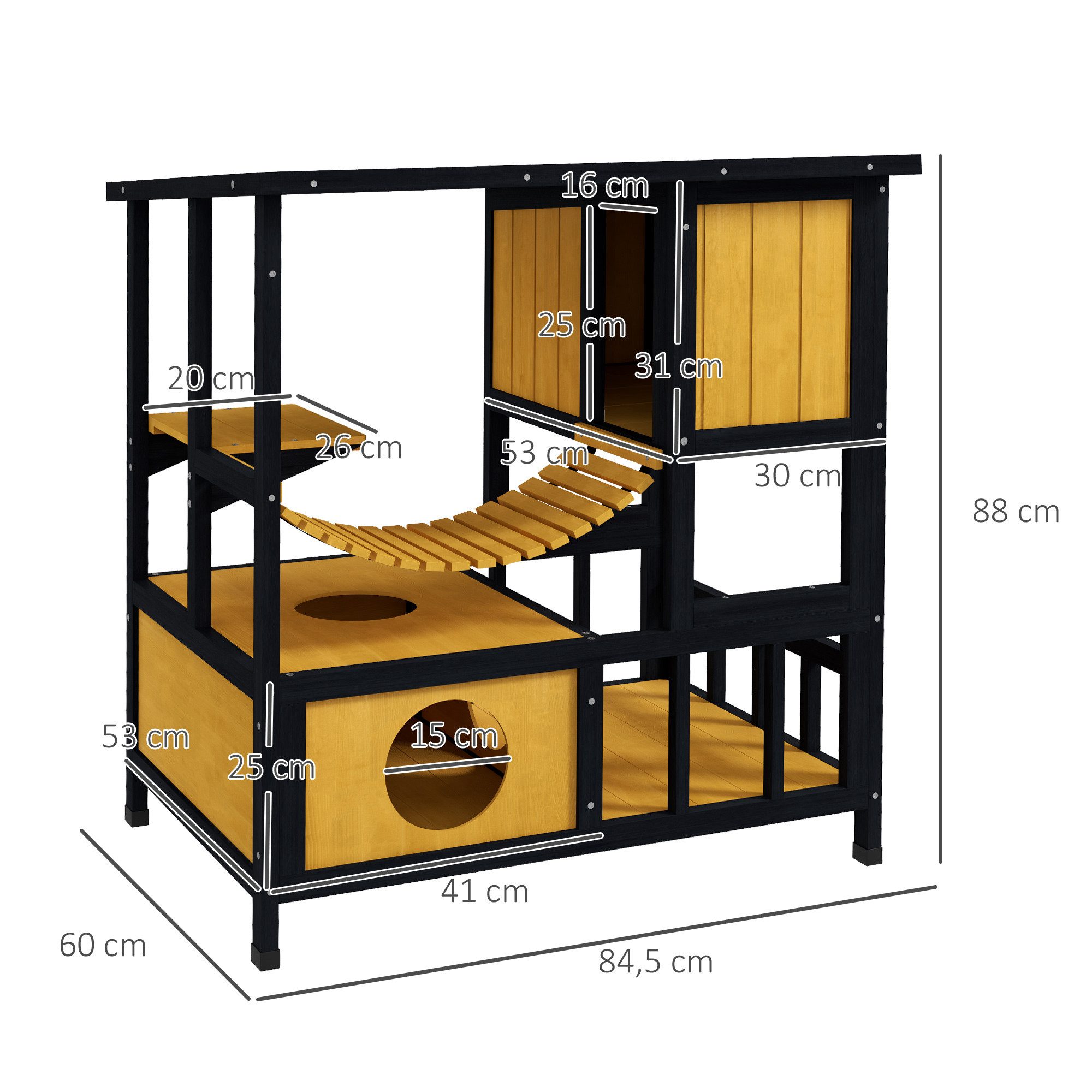PawHut Tierhöhle Katzenhaus aus Holz mit Hängebrücke, Balkon, Plattform, für 1-2 Katzen bis 5 kg, Gelb