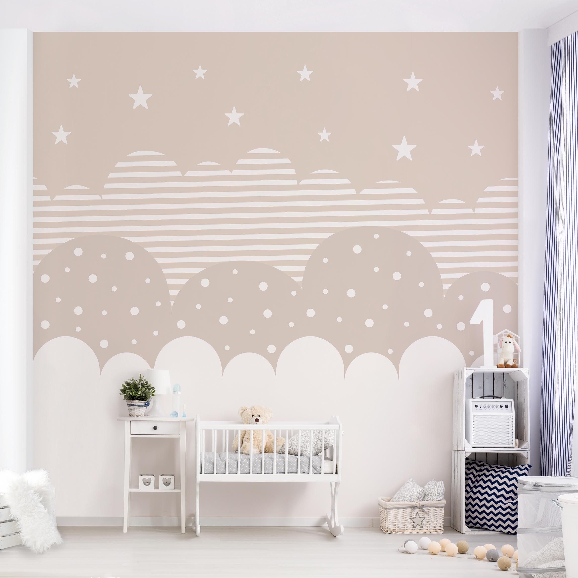 Bilderdepot24 Kindertapete Wolken Sterne Kinder Himmel beige moderne Wanddeko XXL, Glatt, Matt, (Vliestapete inkl. Kleister oder selbstklebend), Mädchenzimmer Jungenzimmer Babyzimmer Bildtapete Fototapete Wandtapete