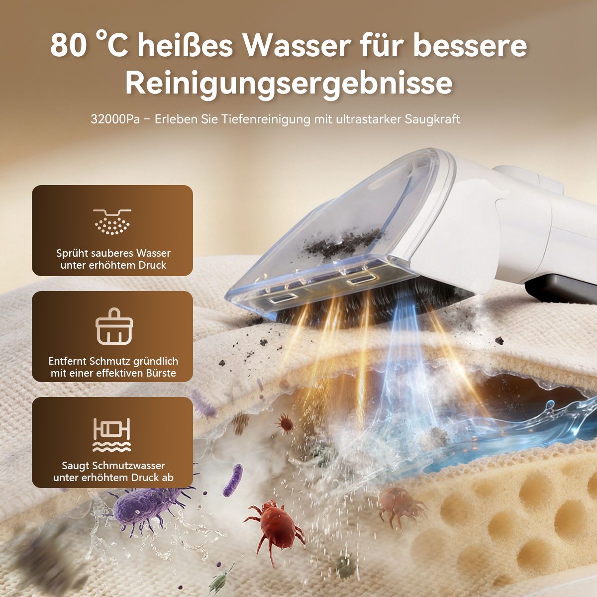 redroad Teppichreinigungsgerät 32000Pa/1200W Polsterreiniger Teppichreiniger Waschsauger Nasssauger, 1200 W, Nass Trockensauger/3*Reinigungsmitteltank/Schwimmerschutz (HallSensor)