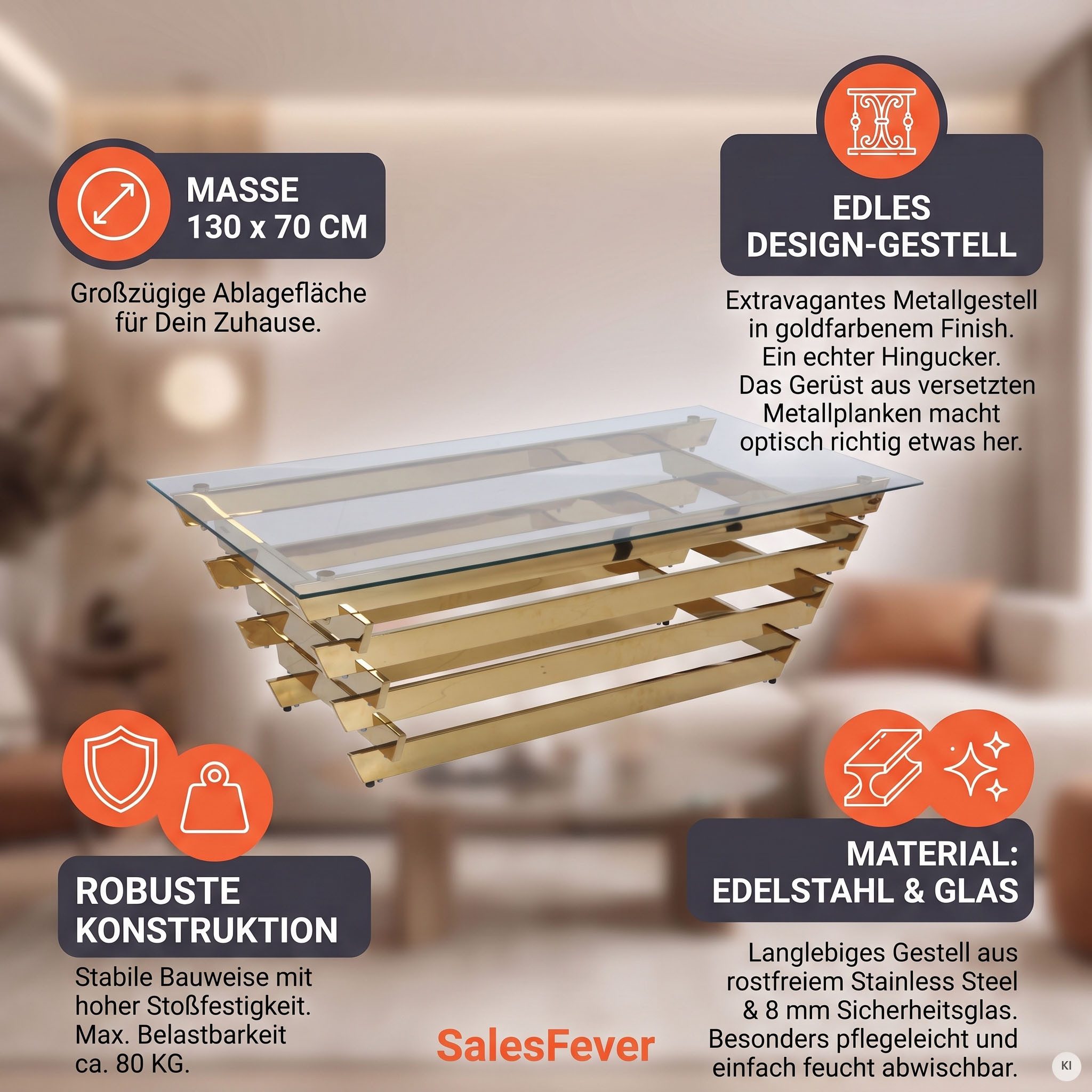 SalesFever Couchtisch Eleganter Tisch für Wohnzimmer, Edles Design-Gestell aus rostfreiem Stahl