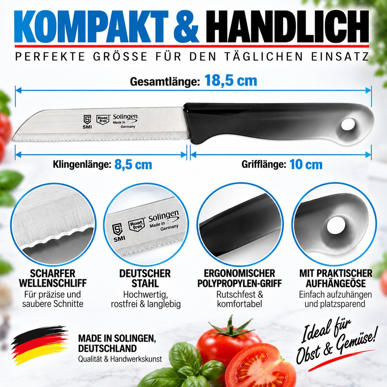 SMI Gemüsemesser 6-tlg Solingen Gemüsemesser Set Schälmesser Obstmesser Küchenmesser, Klinge mit Wellenschliff – Bild 5 von 5
