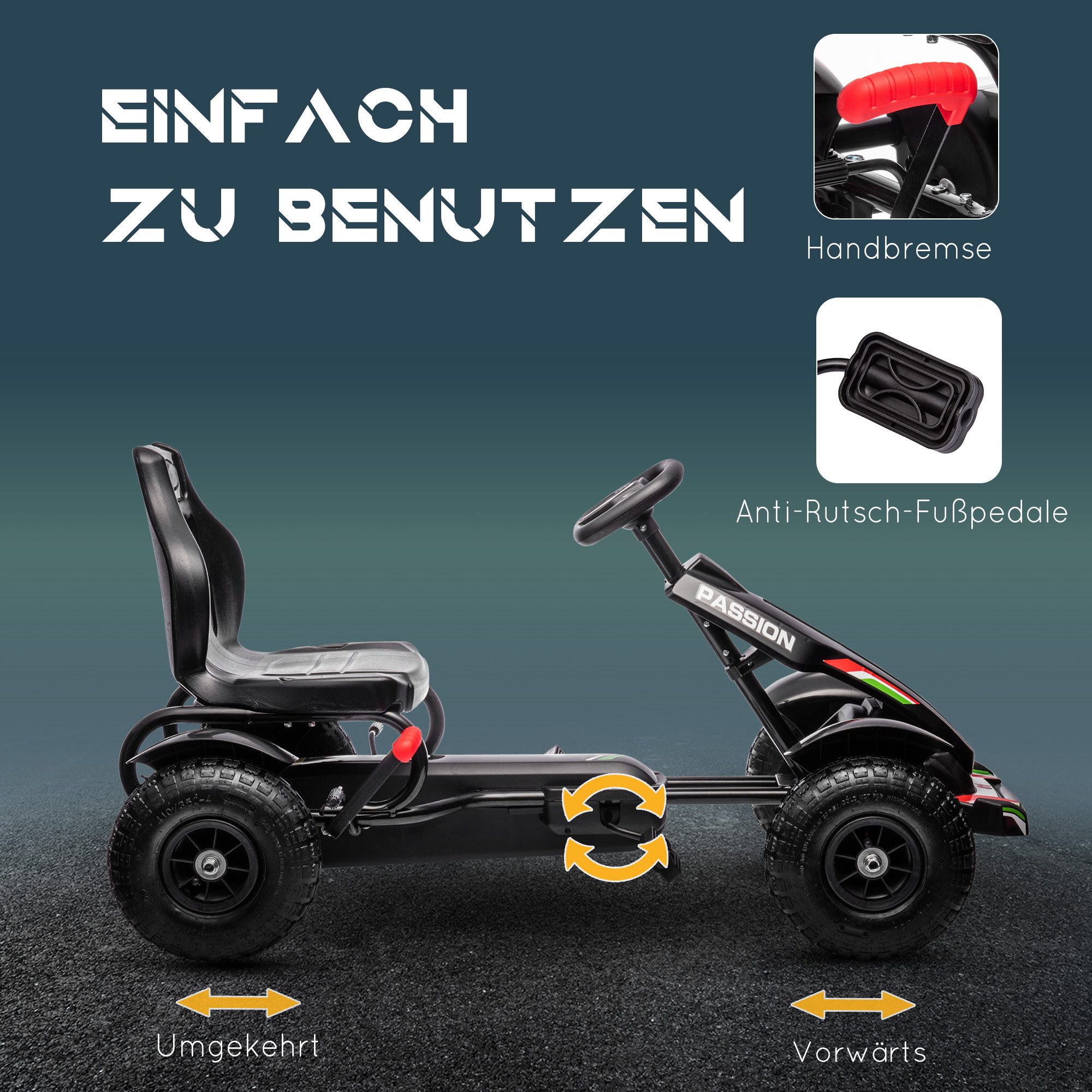 HOMCOM Go-Kart Tretauto mit Handbremsen, verstellbarem Sitz, Schwarz 121 x 58 x 61 cm – Bild 5 von 5