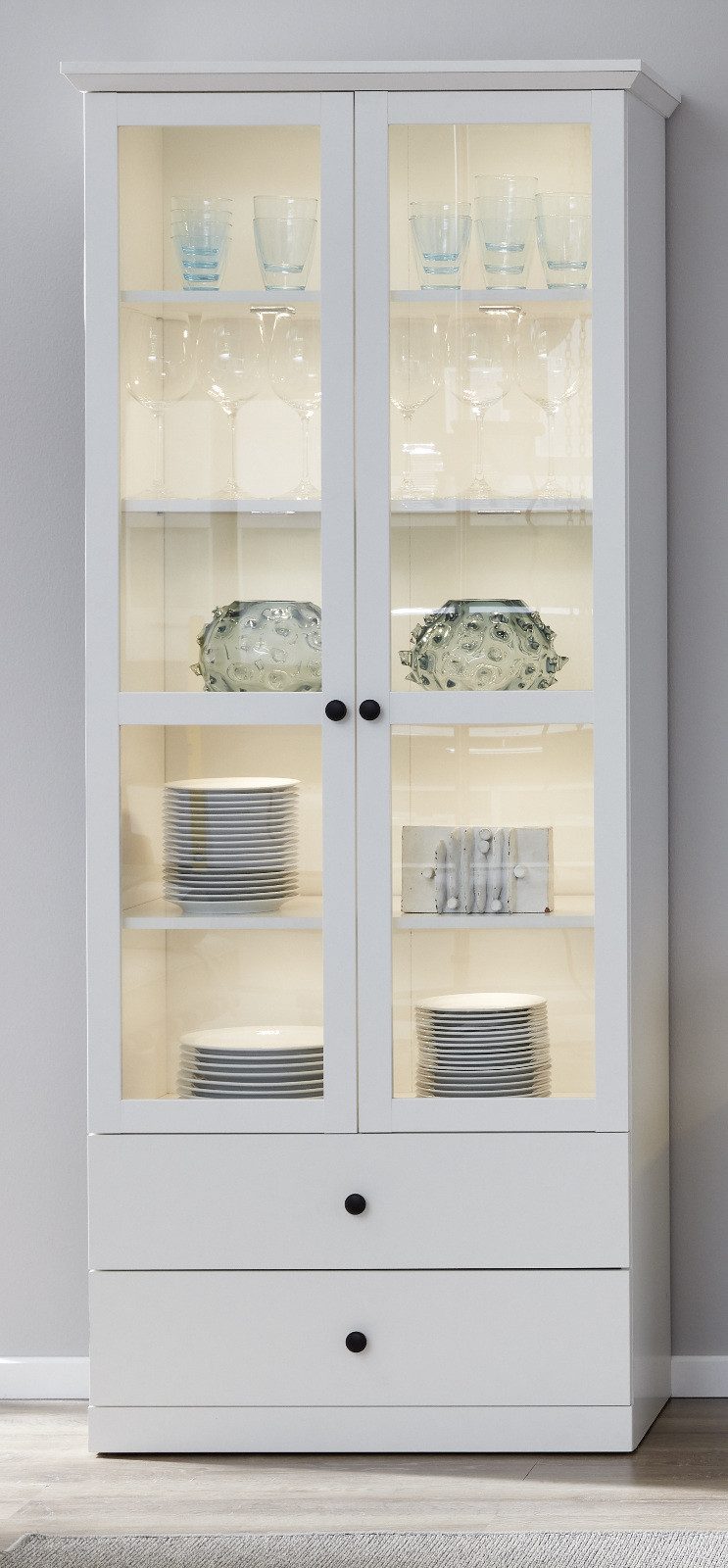 trendteam Stauraumvitrine Baxter (Vitrinenschrank in Landhaus weiß, 2-türig, 81 x 196 cm) mit Schubladen