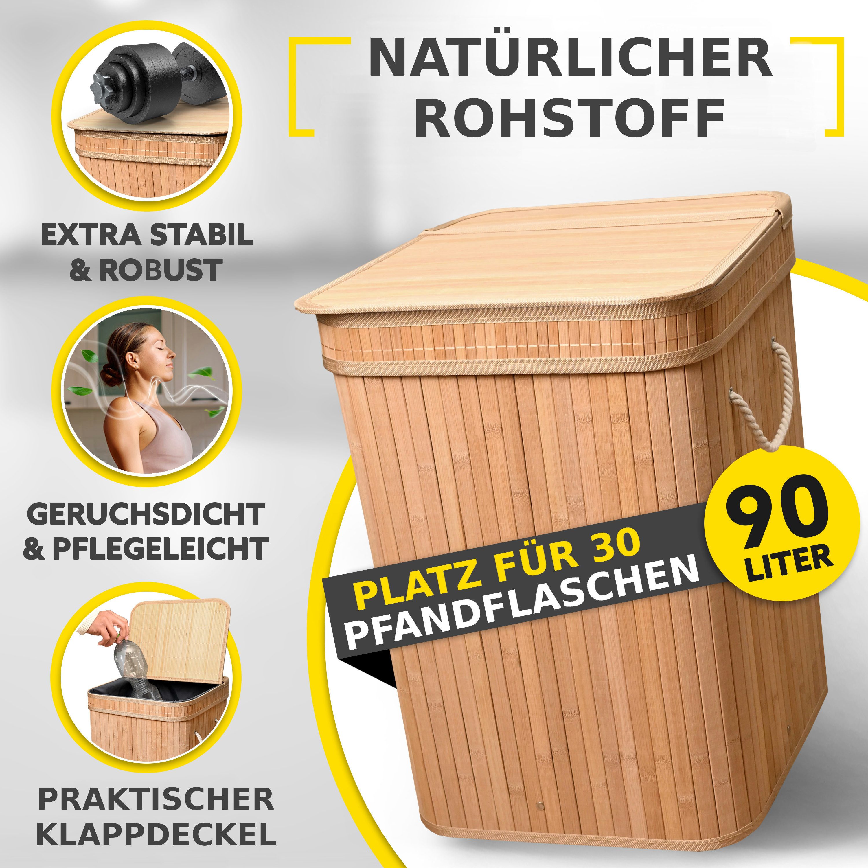 HANDFILL Flaschensammler Wäschekorb Bambus 90L mit Deckel – Pfandflaschen & Recyclingbehälter (Recycling- und Aufbewahrungs-Set aus Bambus – ideal für Pfandflas – Bild 3 von 5