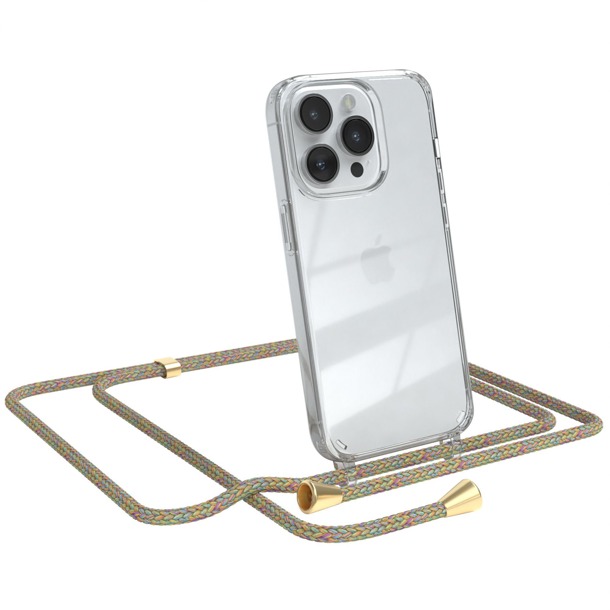 EAZY CASE Handykette Hülle mit Kette für Apple iPhone 14 Pro 6,1 Zoll, Ketten Hülle Schultergurt Schutz Hülle Tasche mit Band Bunt Clip Gold