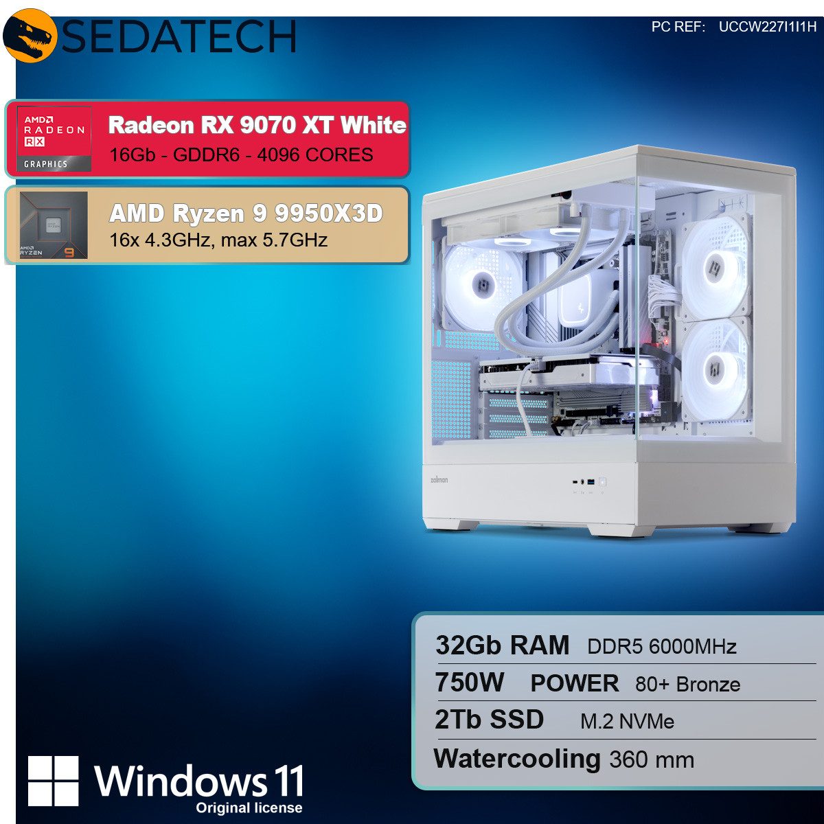 Sedatech UCCW227I1I1HF - Watercooling Gaming-PC (AMD Ryzen 9 9950X3D 16x 4.3GHz (max 5.7GHz), Radeon RX 9070 XT White 16GB, 32 GB RAM, 2000 GB SSD, Watercooling, Wlan 6E)