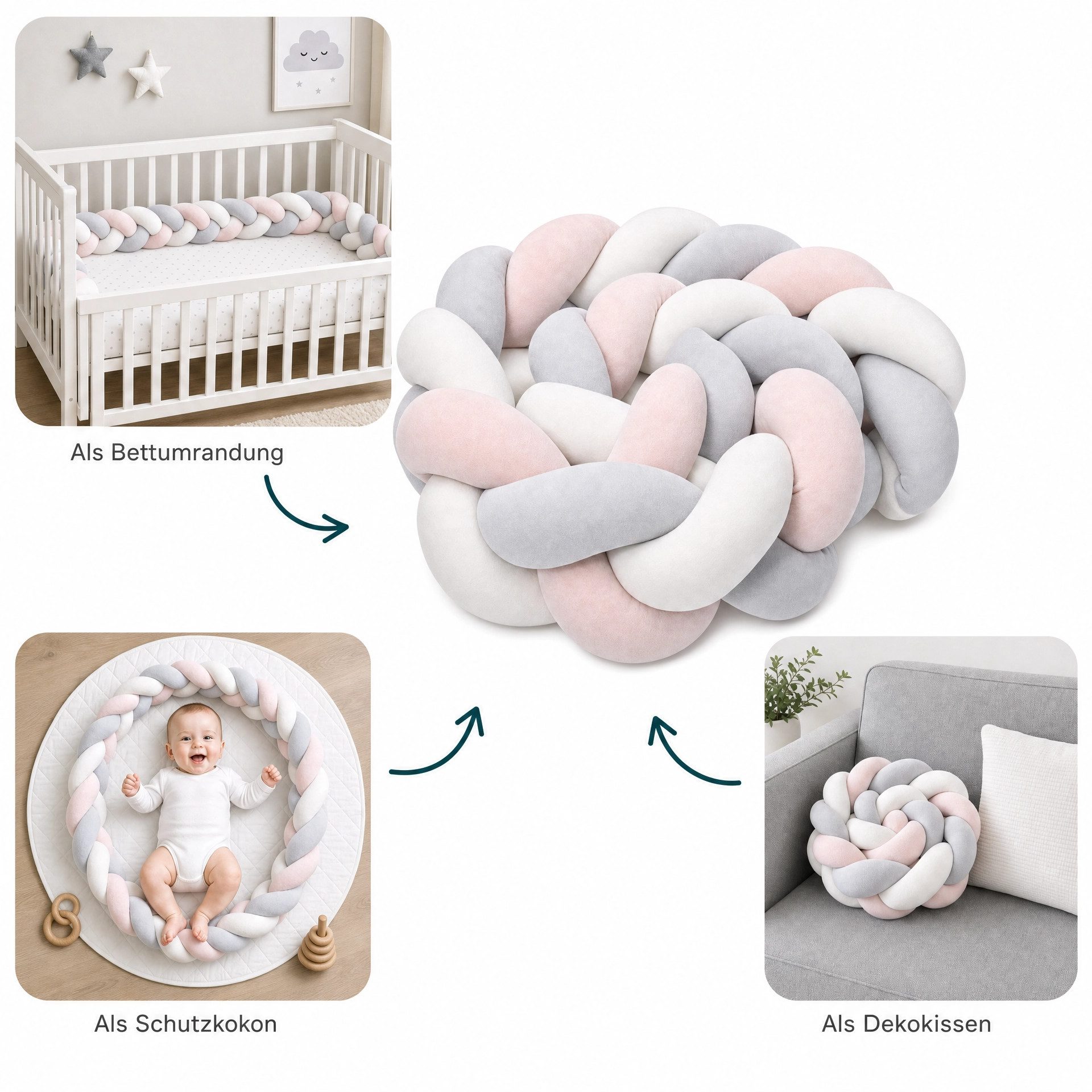 LuMali Nestchenschlange Bettschlange geflochten 210cm Nestchen Bettumrandung Babybett Zopf, Stillkissen Seitenschläfer Velour weich hypoallergen Pastellfarben