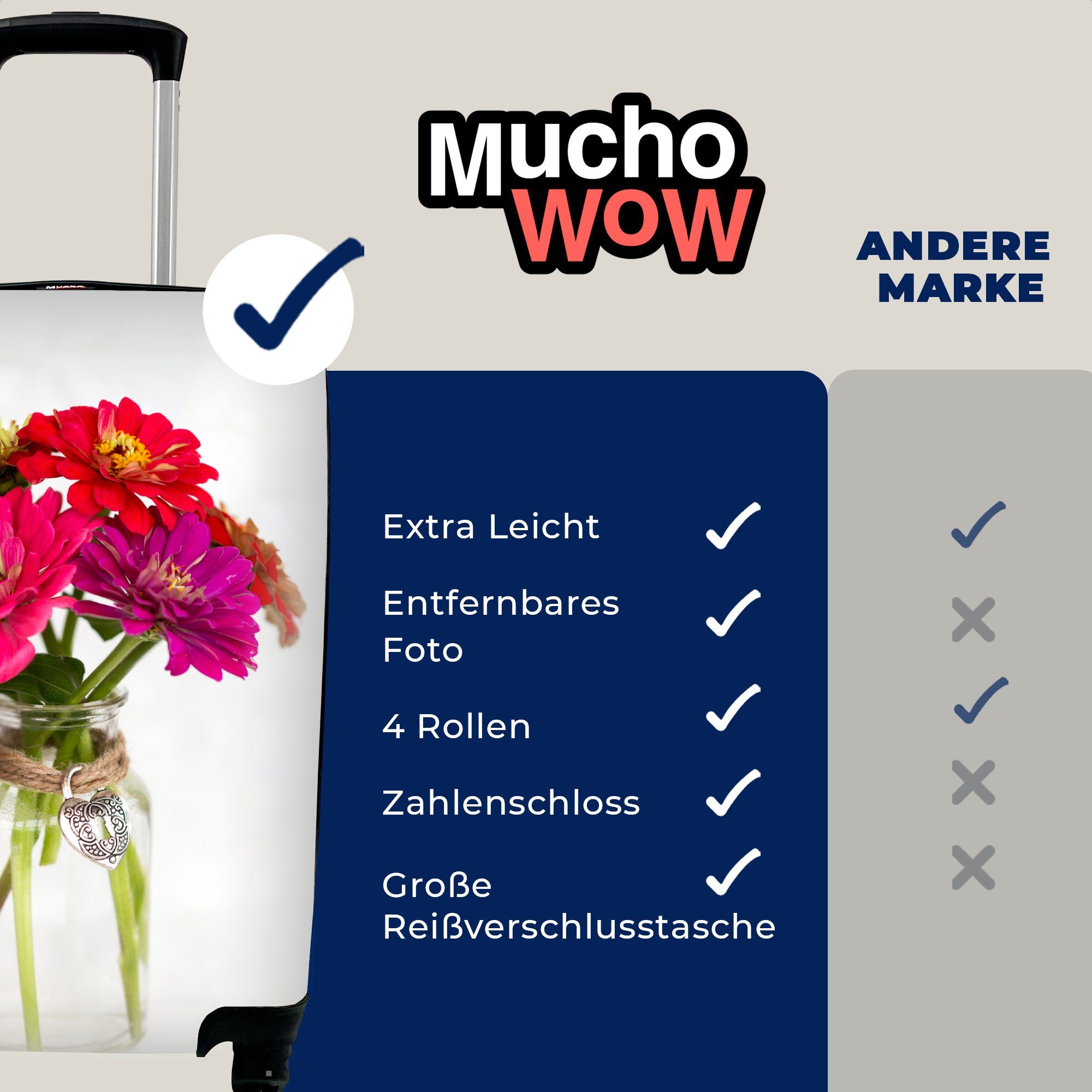 MuchoWow Handgepäckkoffer mit Ferien, 4 Rollen, Reisekoffer rollen, Reisetasche voll für bunten mit Handgepäck Zinnienpflanzen, Trolley, Vase