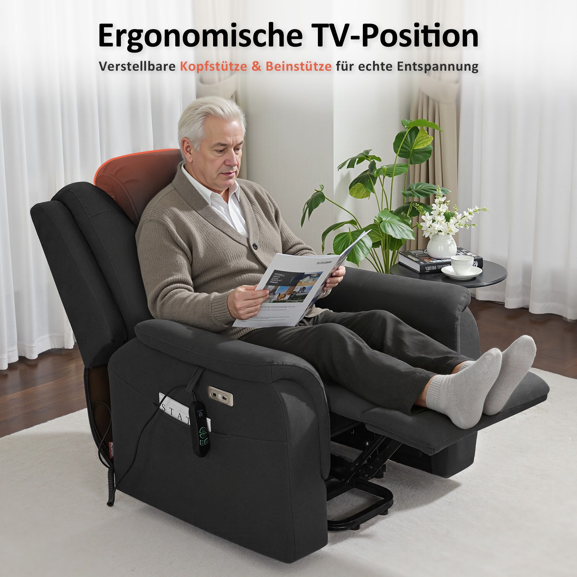 MCombo Relaxsessel M MCombo Fernsehsessel mit Aufstehhilfe, 2 Rollen für Mobilität, 7269, Verstellbare Kopfstütze, Massage & Heizung, 35D Vollschaum-Sitzkissen – Bild 2 von 5