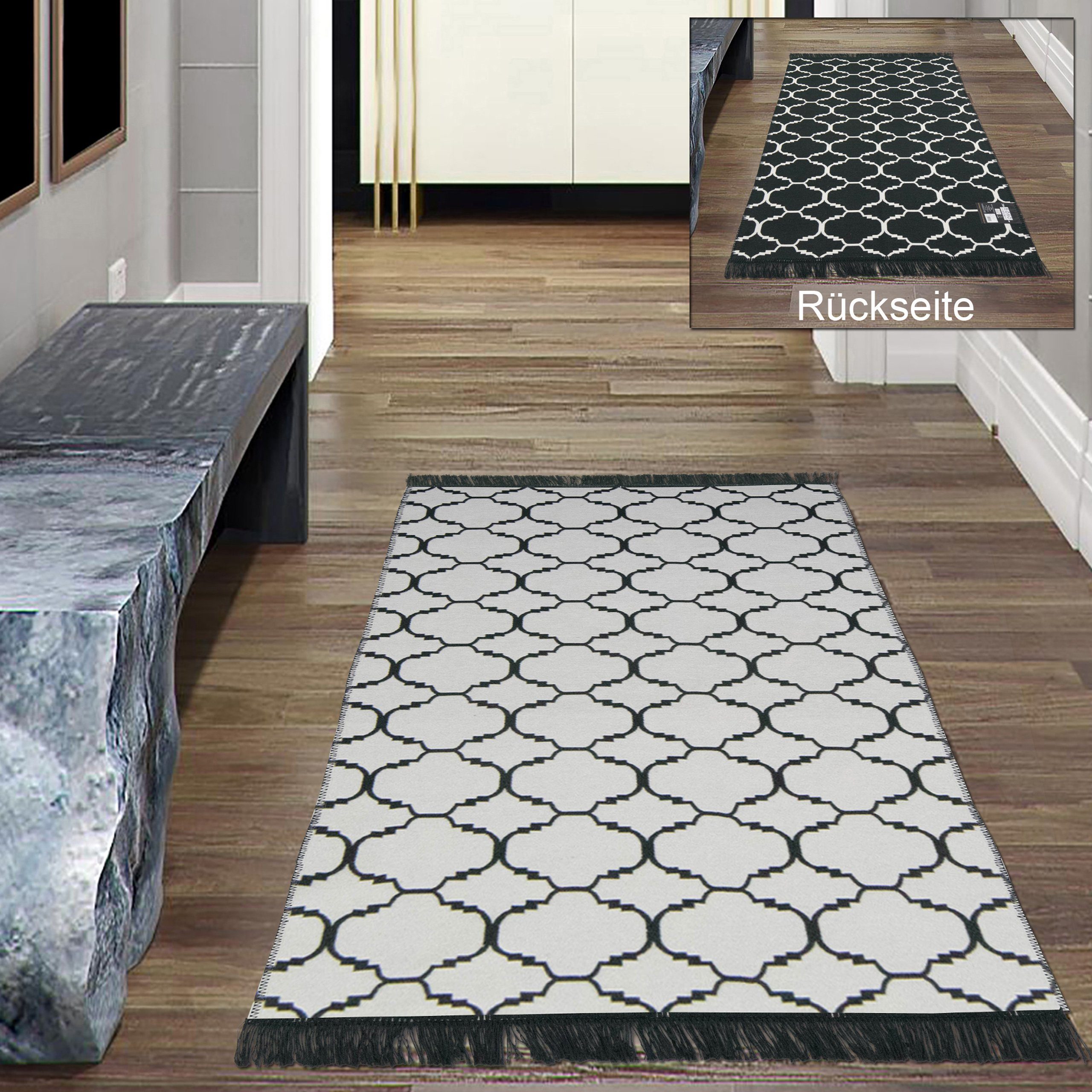 Outdoorteppich In- & Outdoor Teppich, waschbar, beidseitiges Design schwarz  weiß creme, Teppich-Traum, rechteckig