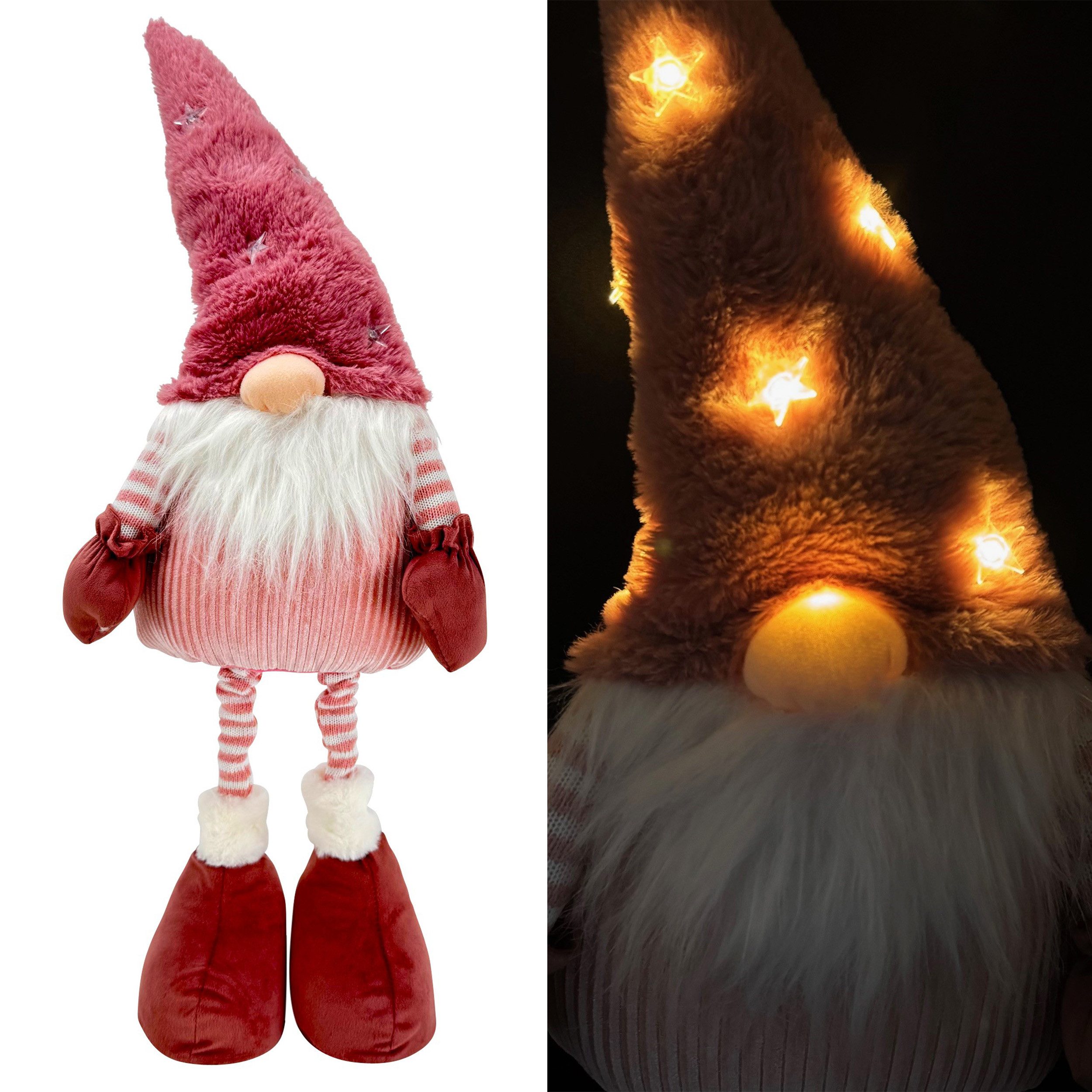 Online-Fuchs Weihnachtsfigur süßer Бес mit Zipfelmütze, Teleskopbeinen und LED-Beleuchtung (Weihnachten Deko, bis zu 80 cm groß), inkl. 6-Stunden Timerfunktion
