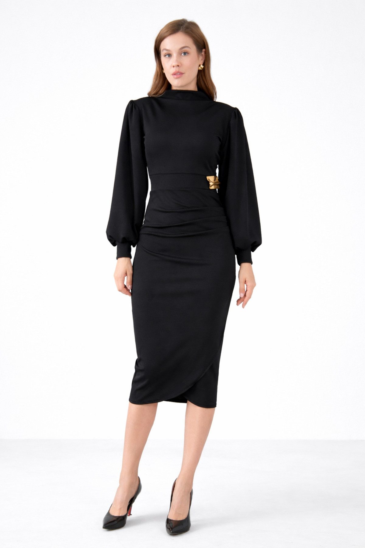 WOMAN VISION Midikleid Schwarzes Midikleid mit langen Ärmeln, Stehkragen und raffinierten Det