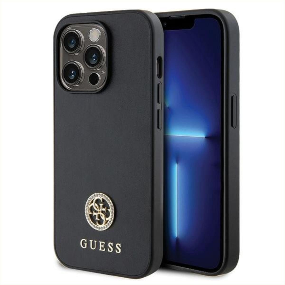 Guess Smartphone-Hülle Guess Apple iPhone 14 Pro Max Schutzhülle Case Strass Metal Logo Black