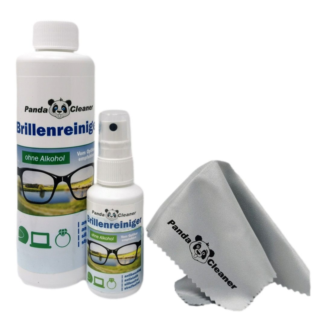 PandaCleaner Brillenreiniger - Bio-Konzentrat - Anti-Beschlag-Formel Glasreiniger (Spar-Set, [3-St. 50ml + 250ml + Mikrofasertuch)