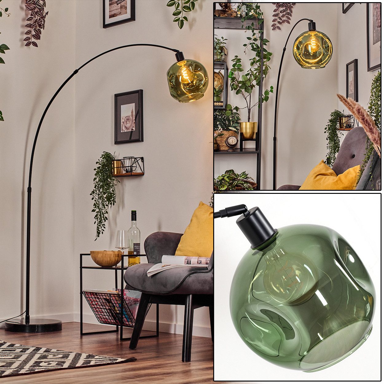 hofstein Bogenlampe Stehlampe mit Marmorfuß aus Metall/Glas in Schwarz/Grün, verstellbare Stehleuchte im Retro/Vintage, Ø 25 cm, Fußschalter, E27