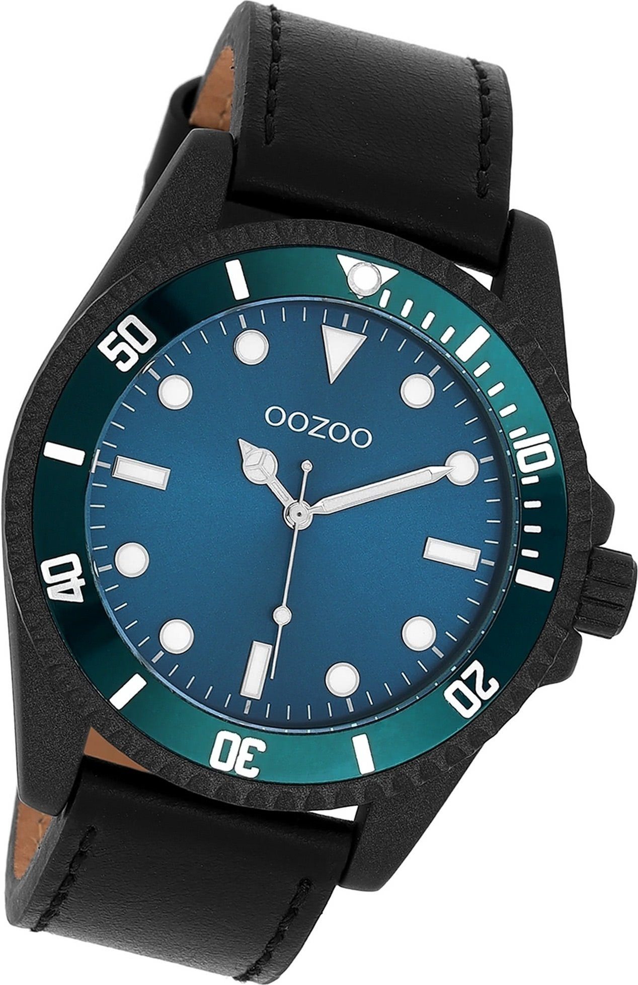Lederarmband Herrenuhr Herren 44mm) Timepieces, Quarzuhr Oozoo schwarz, Gehäuse, groß Armbanduhr (ca. OOZOO rundes