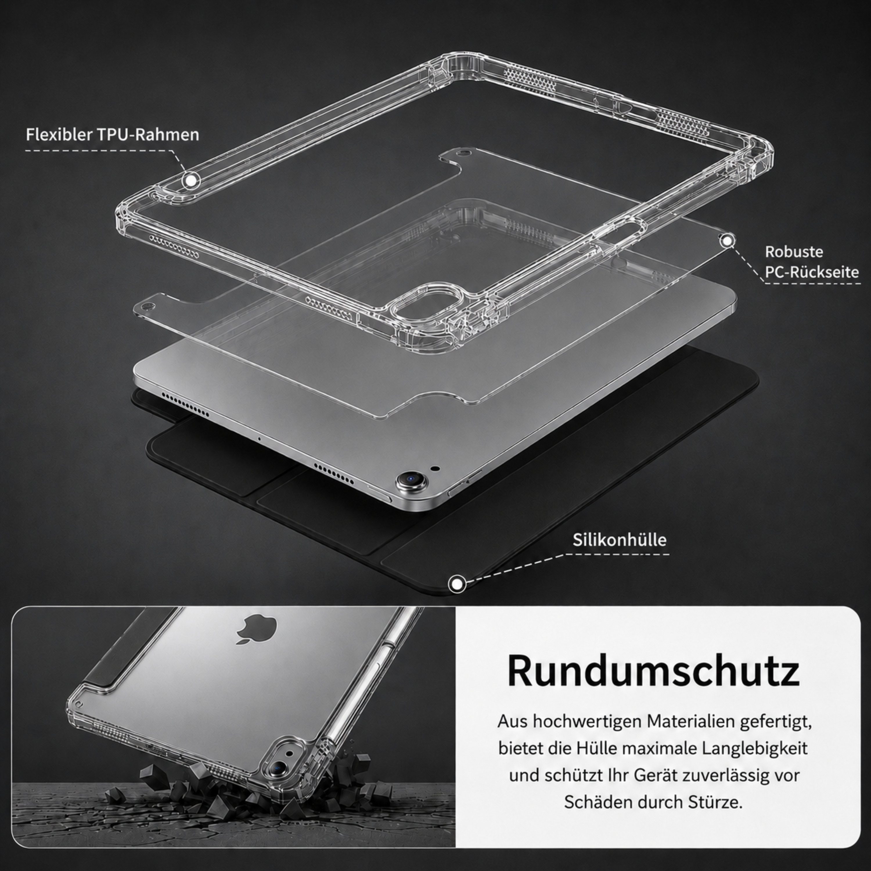 S&T Design Tablet-Hülle Hülle für iPad mit Stifthalter Transparent Stoßfest Tablet Schutzhülle, Kratzfest Hülle Cover Stoßfest Hard Case Ständer Kamera Displays – Bild 4 von 5