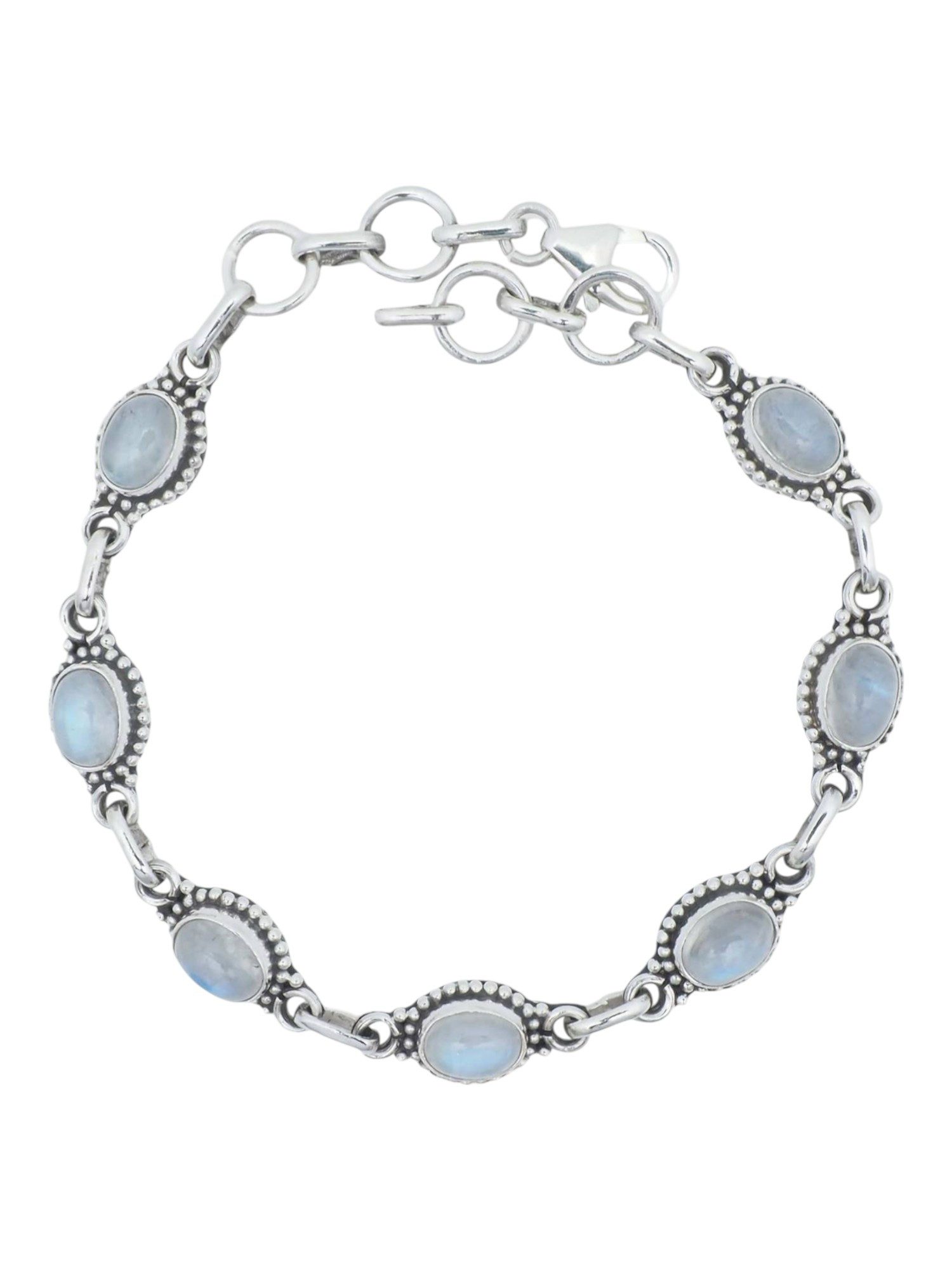 mantraroma Silberarmband PUNTI oval klein aus 925 Silber mit Regenbogen Mondstein (Armschmuck im Schmuckbeutel), 925 Sterling Silber Armschmuck für Damen