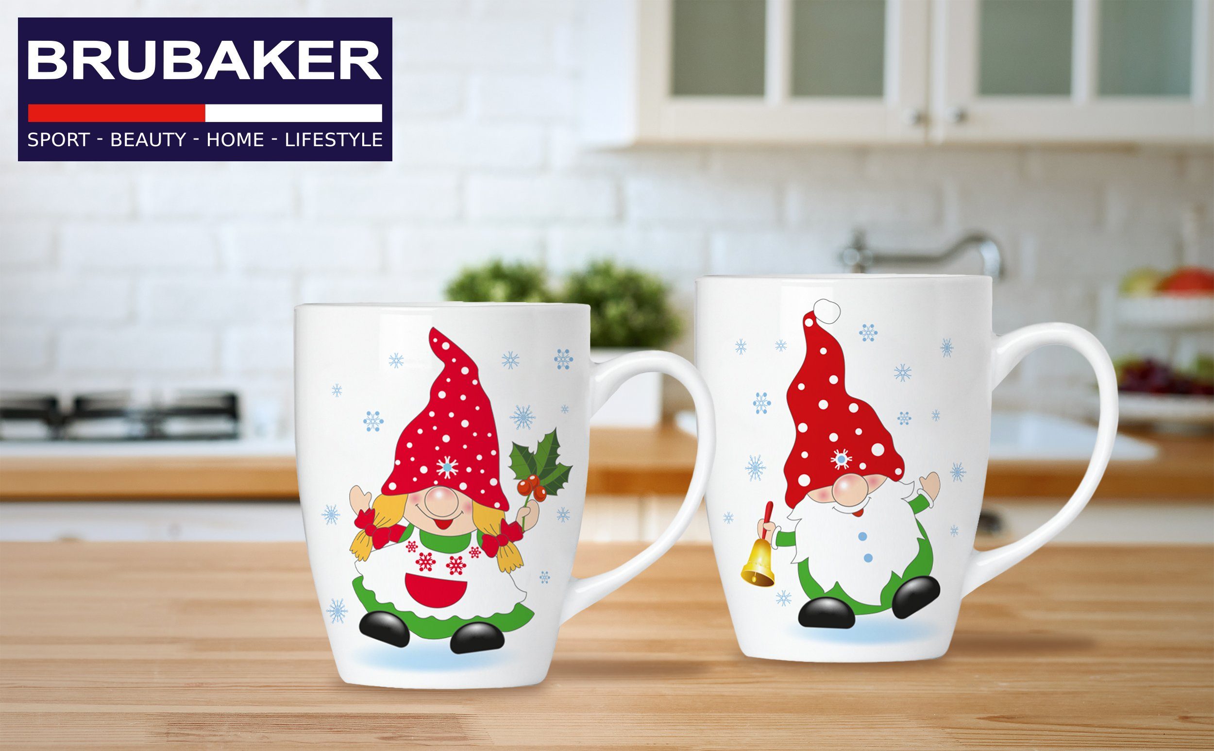 Geschenkset Kaffeebecher Mug Keramik, - Grußkarte, Wichtel Tasse BRUBAKER Gnome Geschenkbox - Weihnachtszwerge Becher Weihnachten Set Weihnachtswichtel mit 300 ml Kaffeetassen in Zwergen -