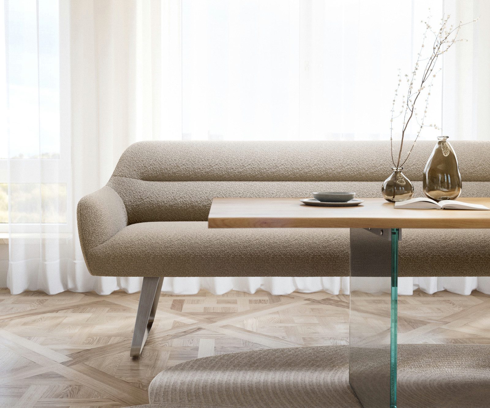 DELIFE Essbank Taya-Flex, 200 cm Kufengestell flach Edelstahl Bouclé Schlamm Taschenfederkern Es