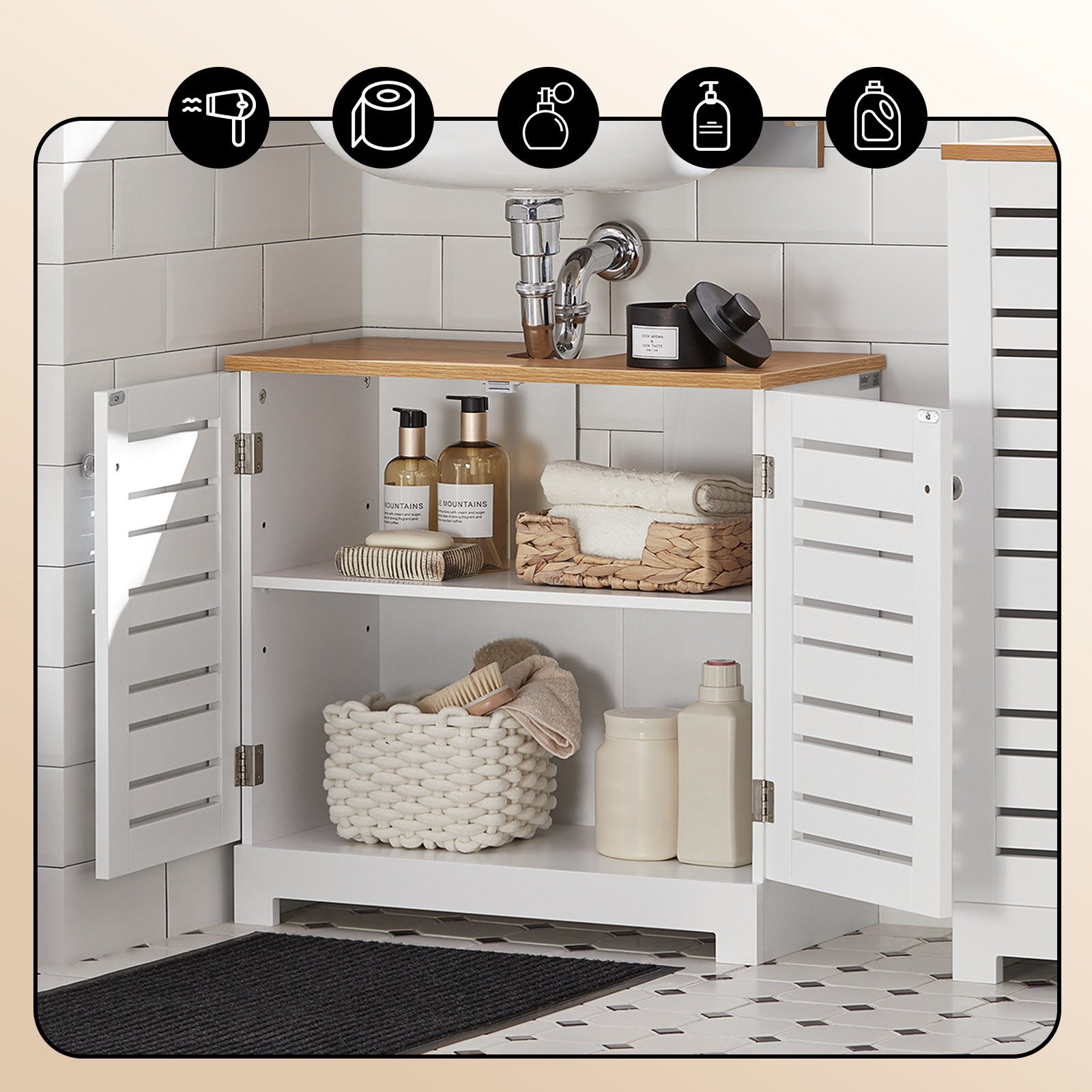 SoBuy Waschbeckenschrank BZR40, Waschtischunterschrank Badezimmerschrank Badezimmer mit Lamellentüren Badschrank Waschtisch Unterschrank Badmöbel – Bild 4 von 5