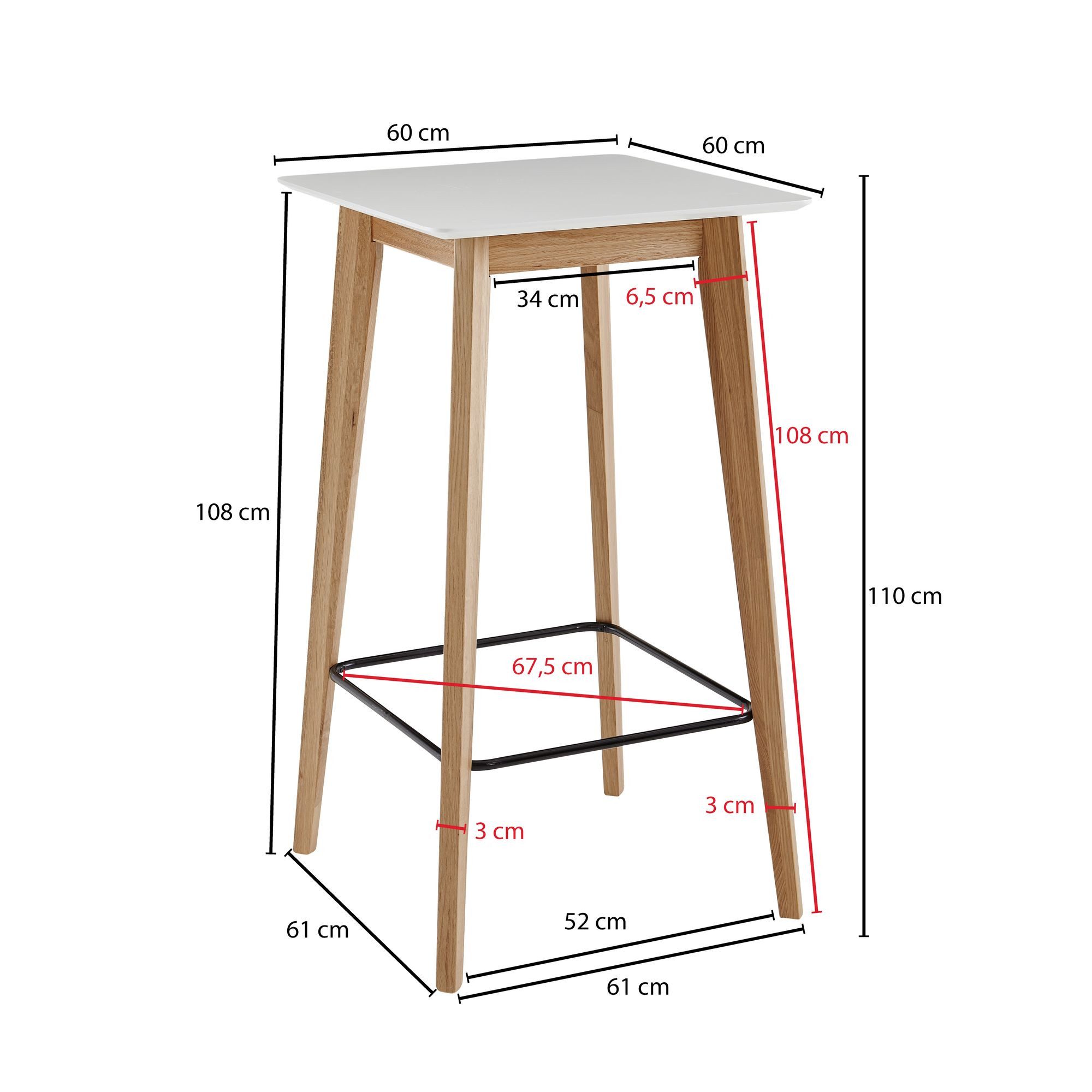 FINEBUY Bartisch FB19386 Stehtisch 60x110x60cm Weiß Skandinavisch Eiche Tisch (Partytisch Skandinavisch, Bistrotisch Messetisch), 60x110x60 cm Weiß Eckig, Bartisch für 4 Personen