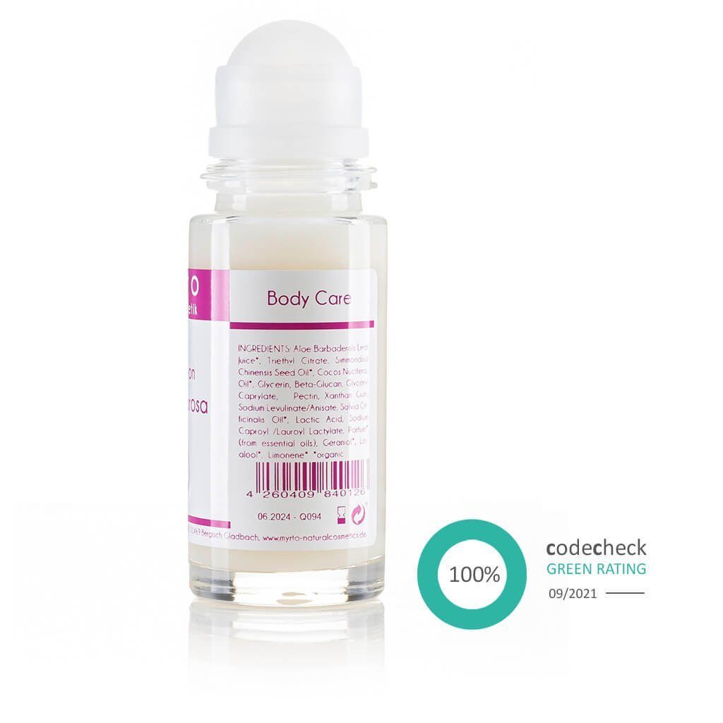 myrto Naturkosmetik Körperpflegemittel Bio Deo Roll-On Pink Palmarosa - ohne Aluminium & Alkohol, für empfindliche Haut, hemmt Geruchsbildung, ohne Aluminium & Alkohol