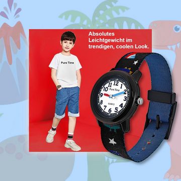 Pure Time Quarzuhr Dinosaurier Dino Kinder Textil Armbanduhr, Kinderuhr in schwarz, rot