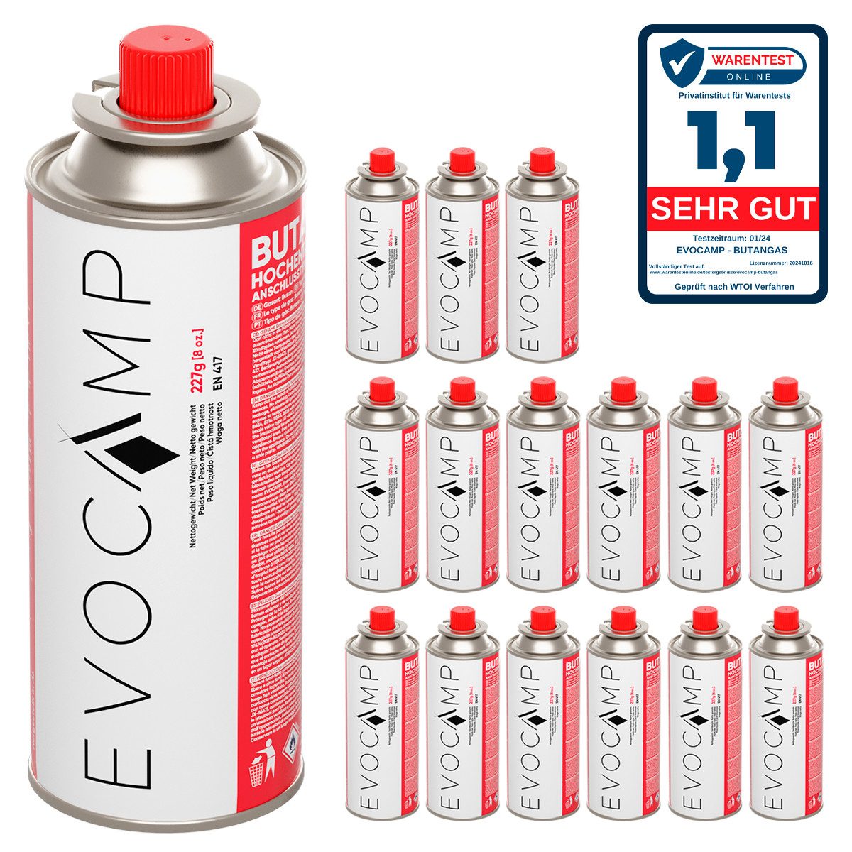 EVOCAMP Gaskartusche 16x Butankartuschen Typ MSF-1a 227g mit Bajonettventil günstig online kaufen