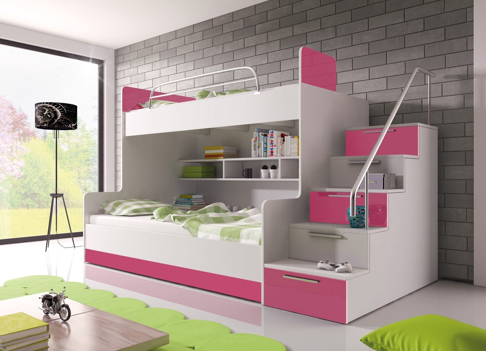 Möbel für Dich Etagenbett Alex, in Hochglanz, mit zwei Betten, Regalen und viel Stauraum weiß/rosa