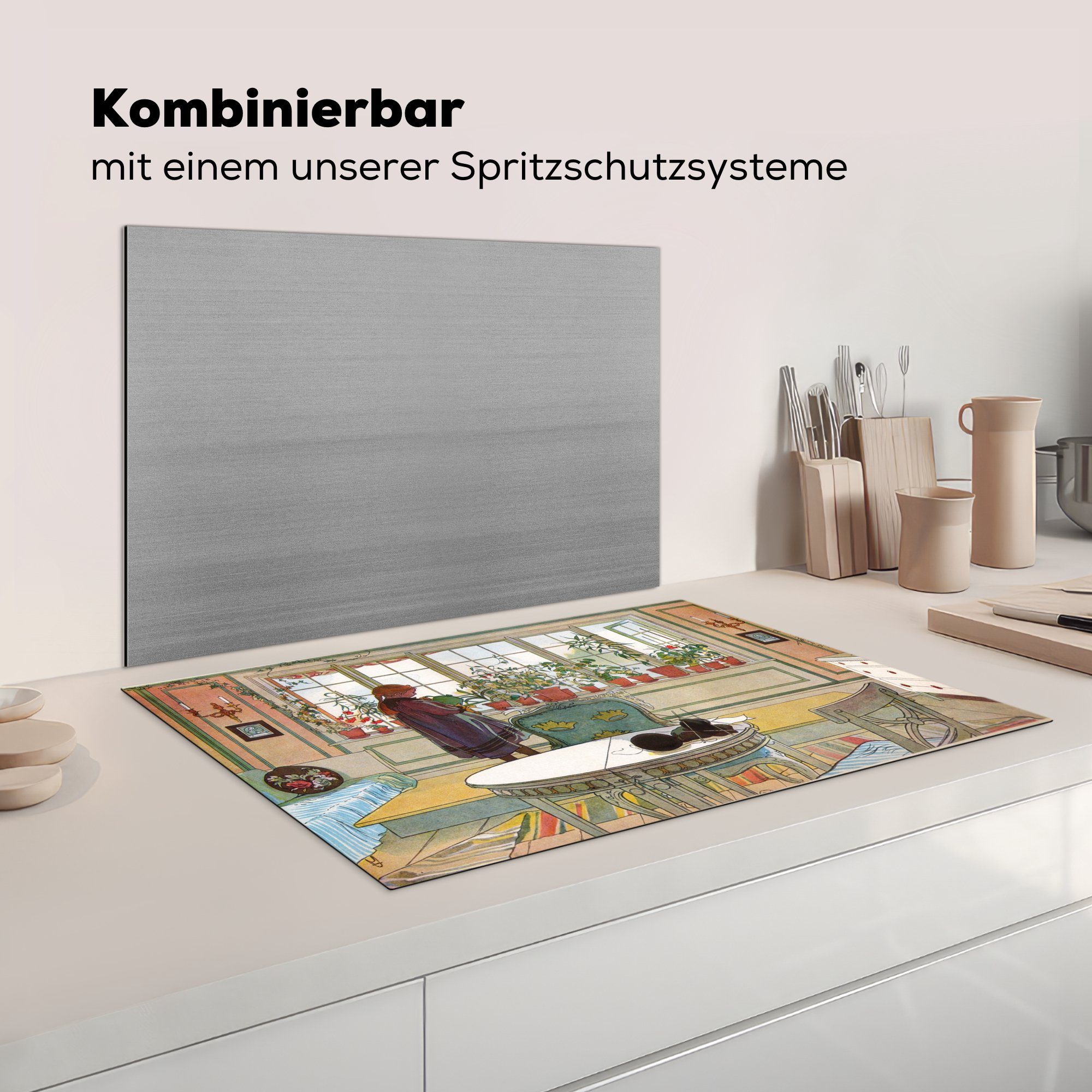 Fensterbank Induktionskochfeld Vinyl, auf tlg), für MuchoWow - Schutz Blumen cm, Ceranfeldabdeckung küche, Herdblende-/Abdeckplatte Carl der 81x52 die (1 Larsson,