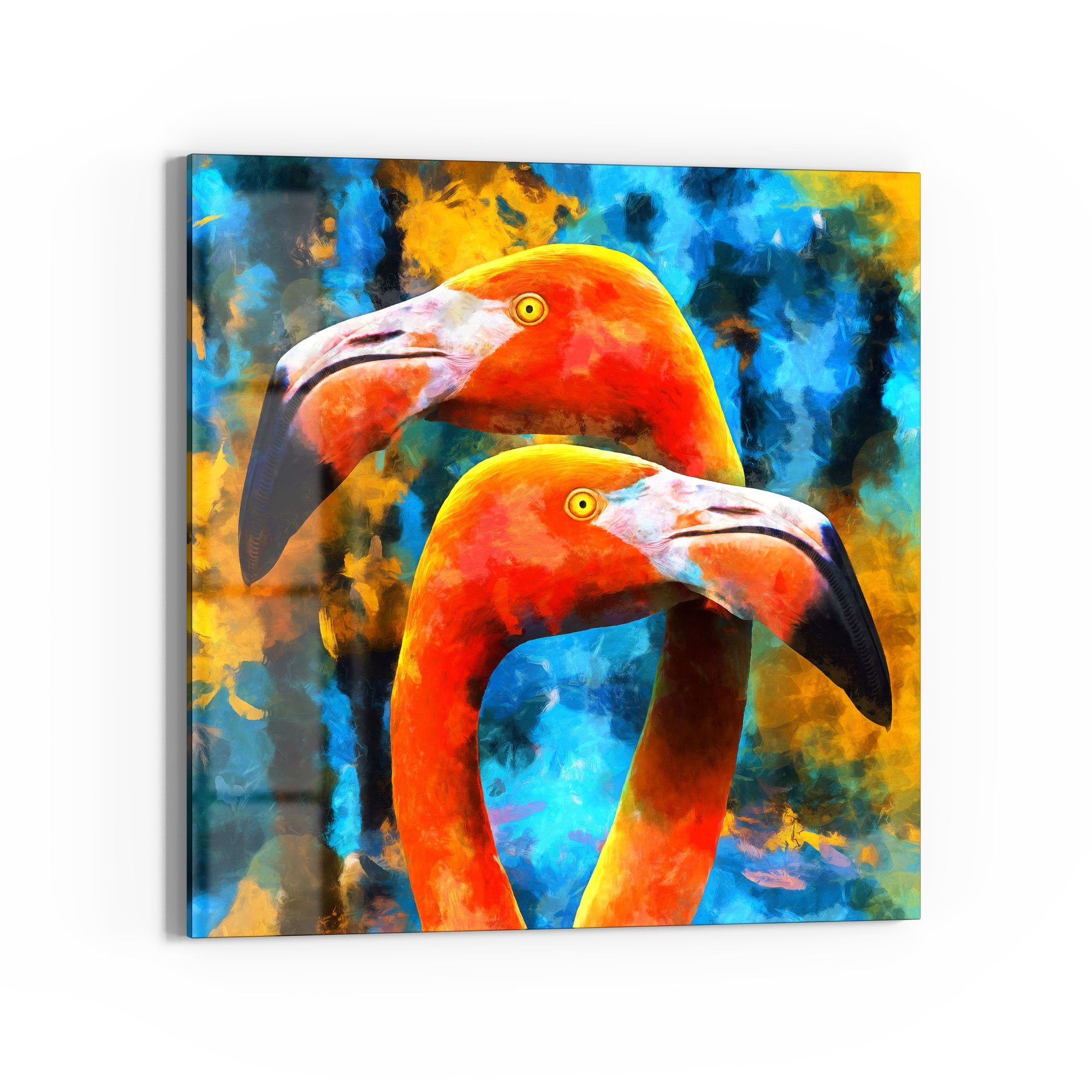 DEQORI Glasbild 'Flamingos vor Farbenspiel', 'Flamingos vor Farbenspiel