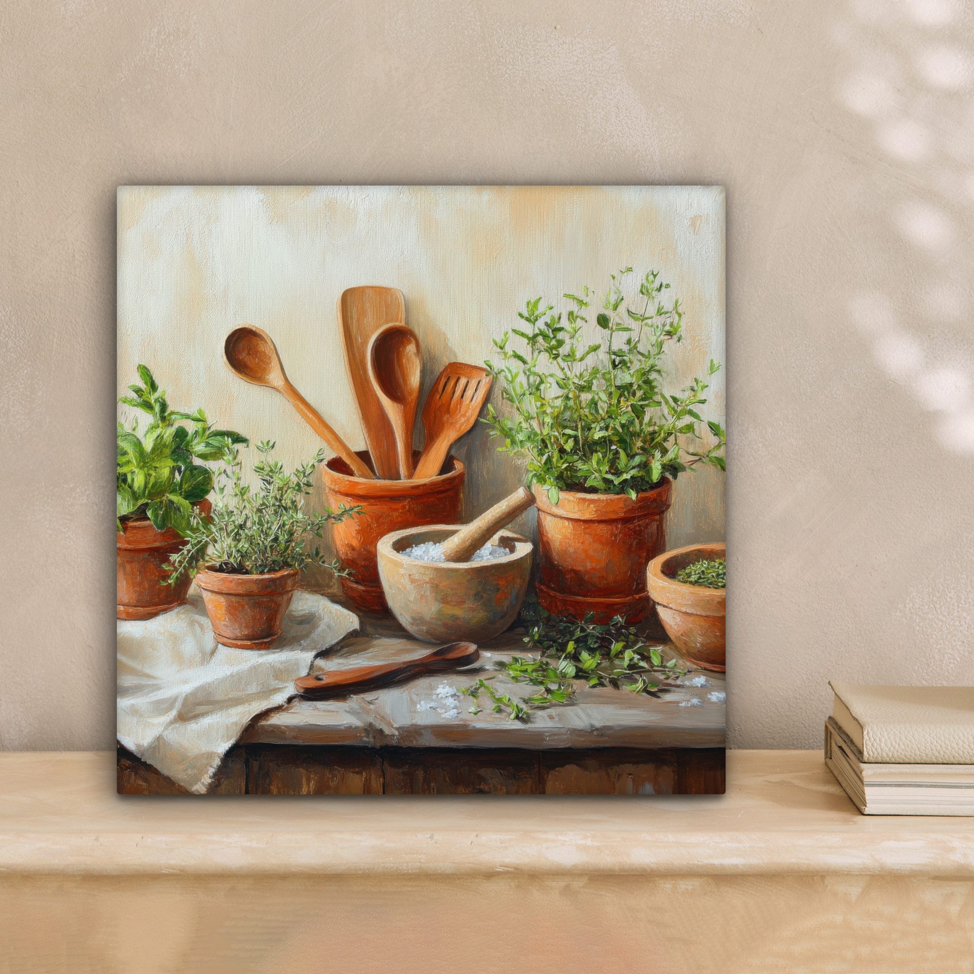 OneMillionCanvasses® Leinwandbild Töpfe - Kräuter - Holz, Fotodruck (1 St), günstig online kaufen