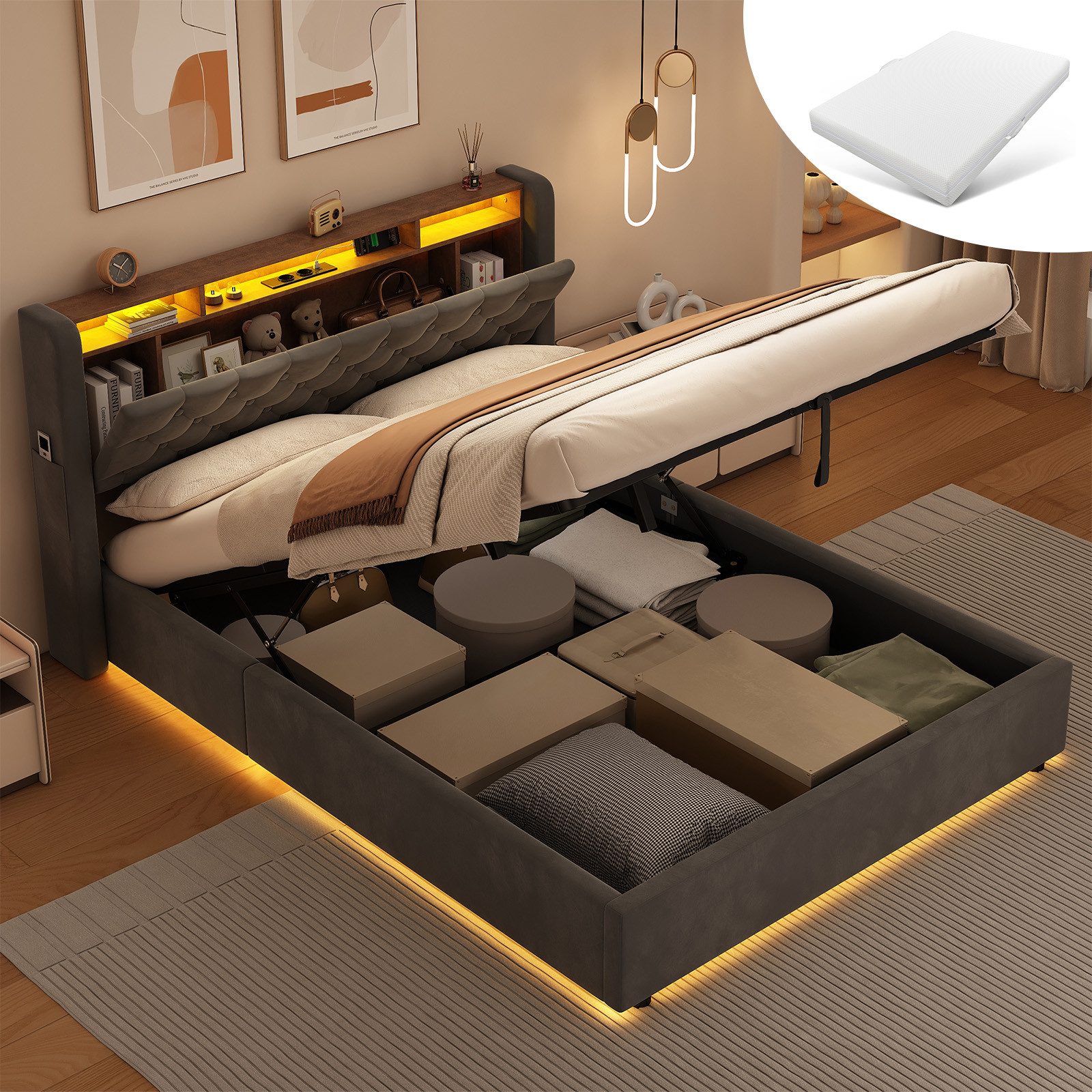 REDOM Polsterbett Hollandvelours-Bezug, mit Stauraum & Ablage (Funktionsbett, 2-tlg., Robuster Metallrahmen, Lattenrost inklusive, mit Matratze), 140x200 cm mit LED-Beleuchtung und USB-Anschlüssen