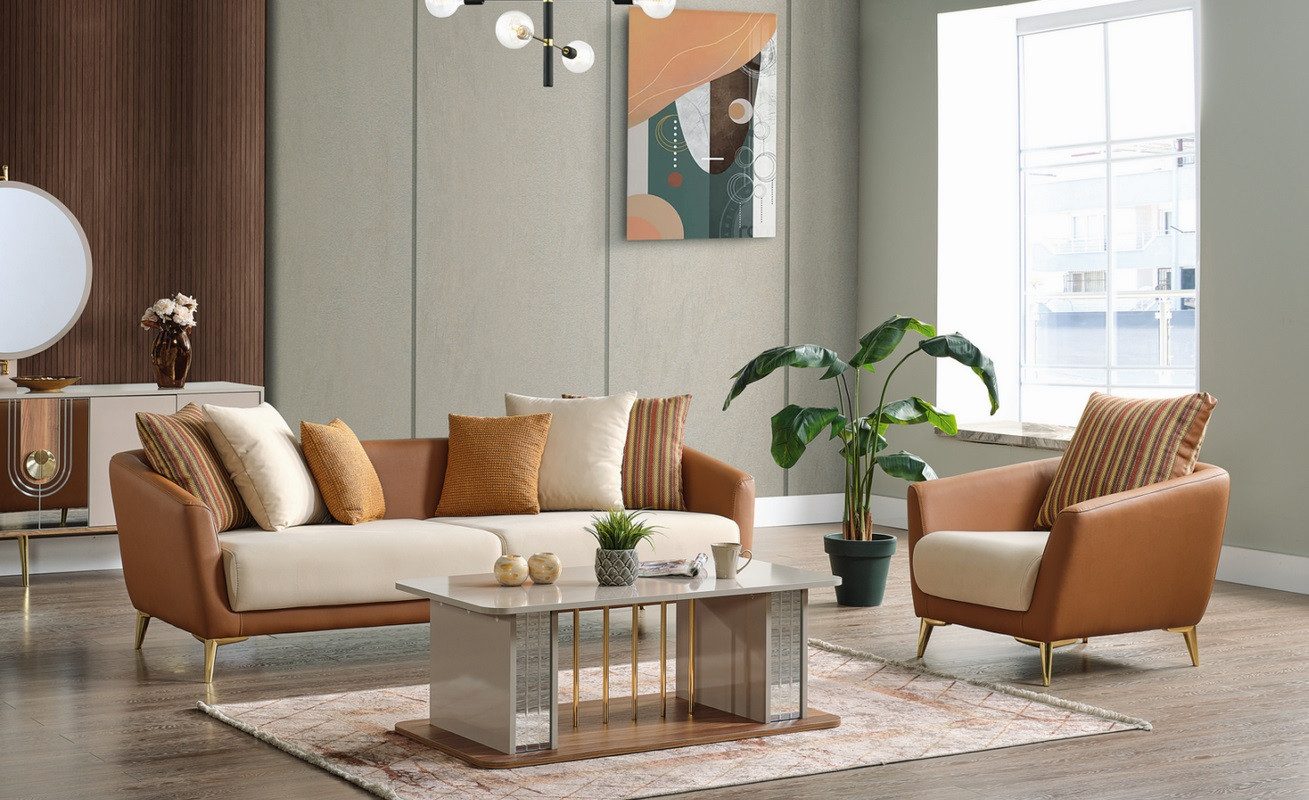 JVmoebel Polstergarnitur Elegante Sofagarnitur für das Wohnzimmer mit Couchtisch 3er+1er, (Set, 3-tlg., 1x Sofa 3 Sitzer + 1x Sessel + 1x Couchtisch), Made in Europa