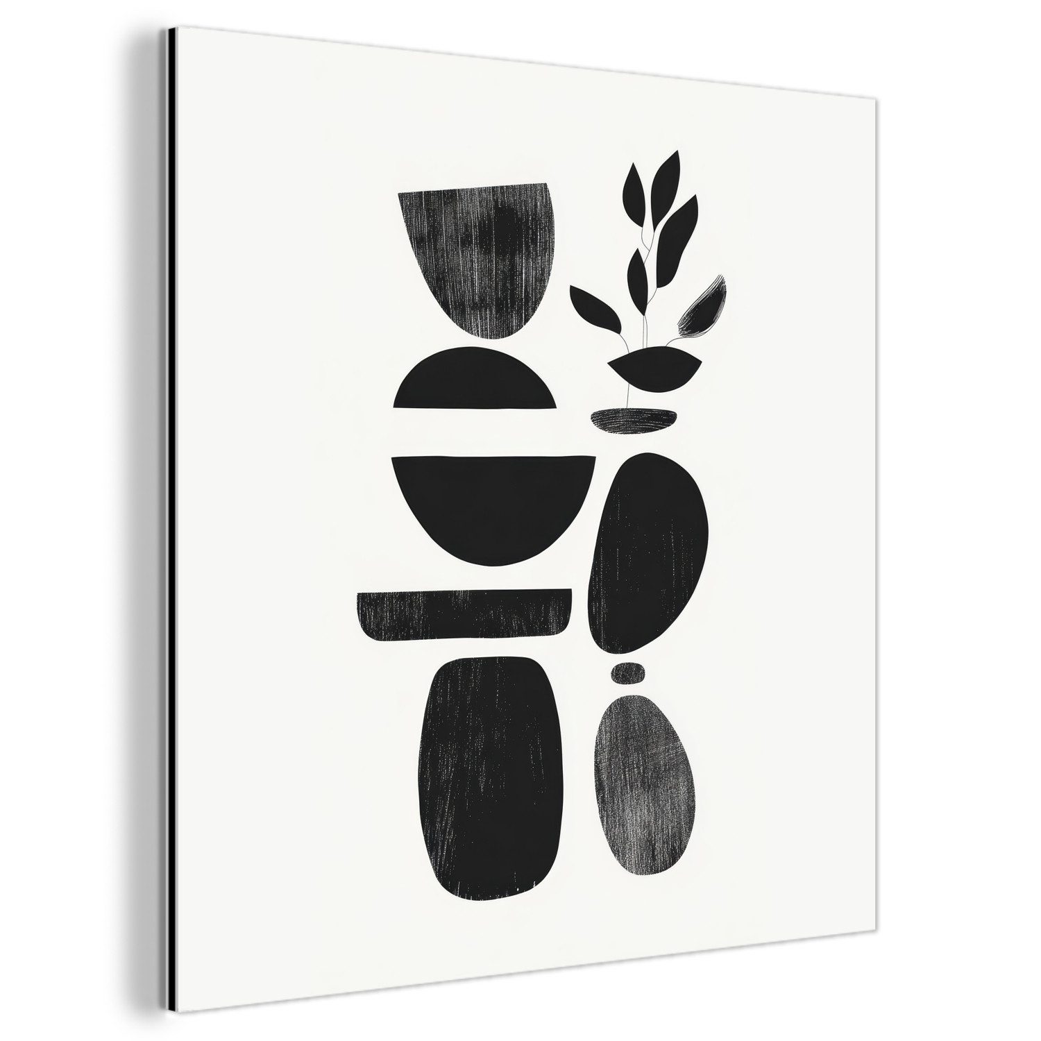 MuchoWow Metallbild Japandi - Schwarz - Abstrakt, Inkl. Aufhängung, Alu-Dibond-Druck, Wandbild aus Metall, Aluminium deko, 20x20 cm