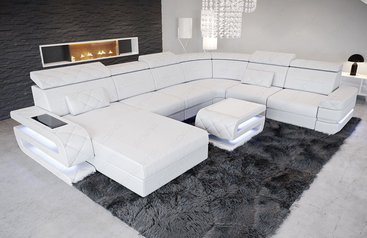 Sofa Dreams Wohnlandschaft XXL Ledersofa Bologna U Form Mini, Designersofa, Sofa mit Licht und USB