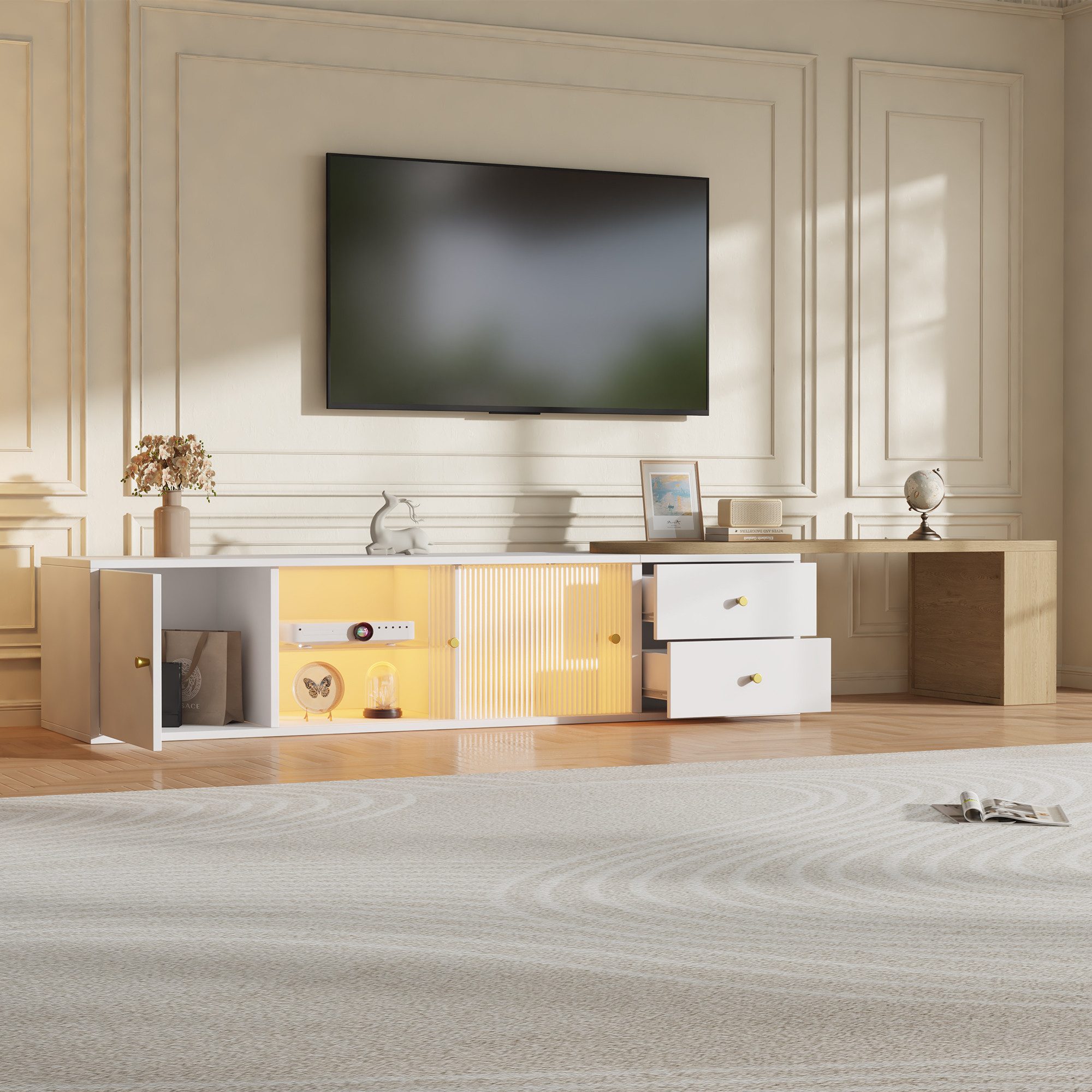 Celya TV-Schrank 175×40×35.5 cm TV Lowboard mit LED-Beleuchtung, ausziehbar (mit 2 Schubladen, 2 Glas-Schiebetüren, 1 Schrankfach) mit seitliches Regal
